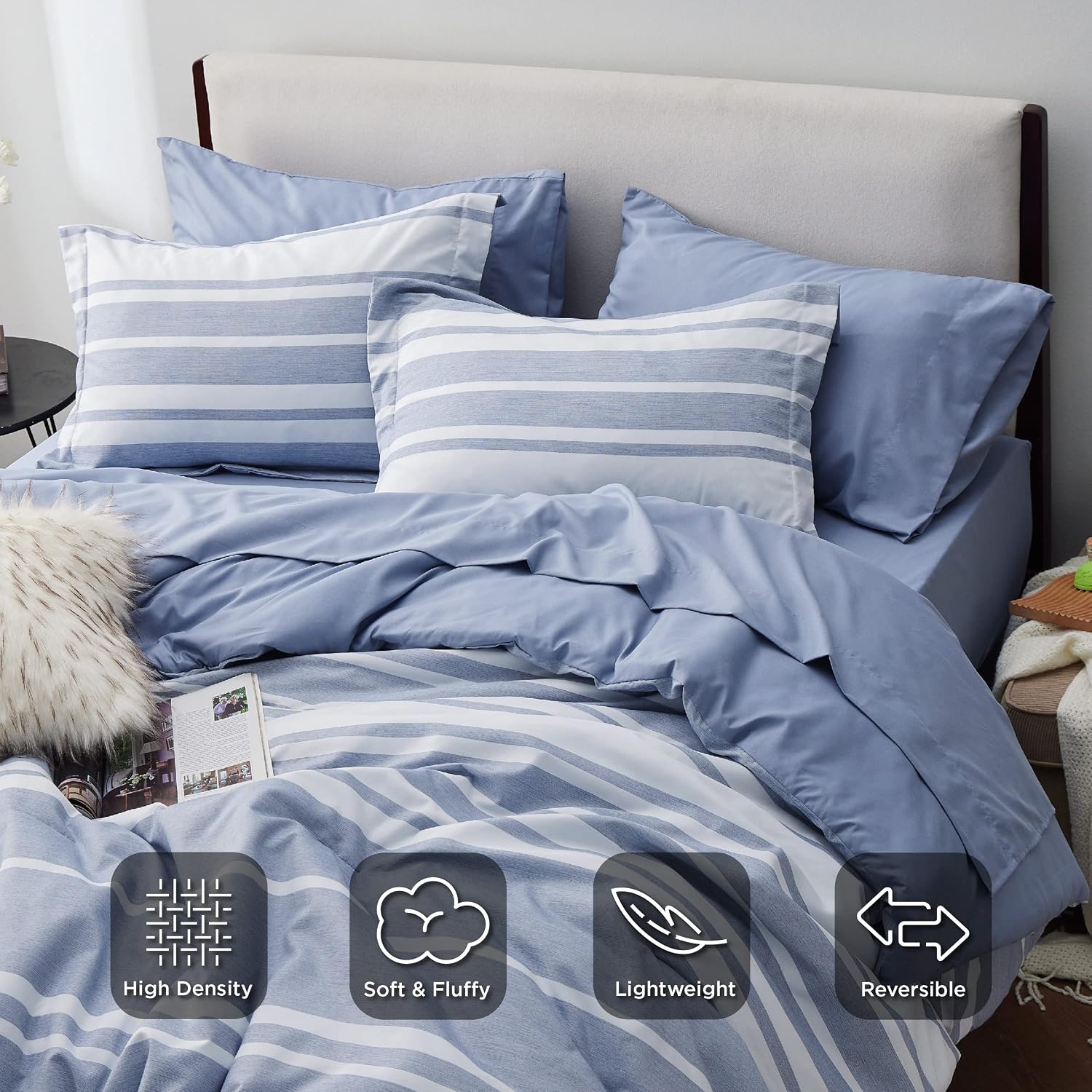 image:imageBedsure Queen Comforter Set 7 Pieces Grey Striped Bedding Set for All Seasons Reversible Cationic Dyeing Bed in a Bag with Comforter Sheets Pillowcases amp Shams02 Blue
