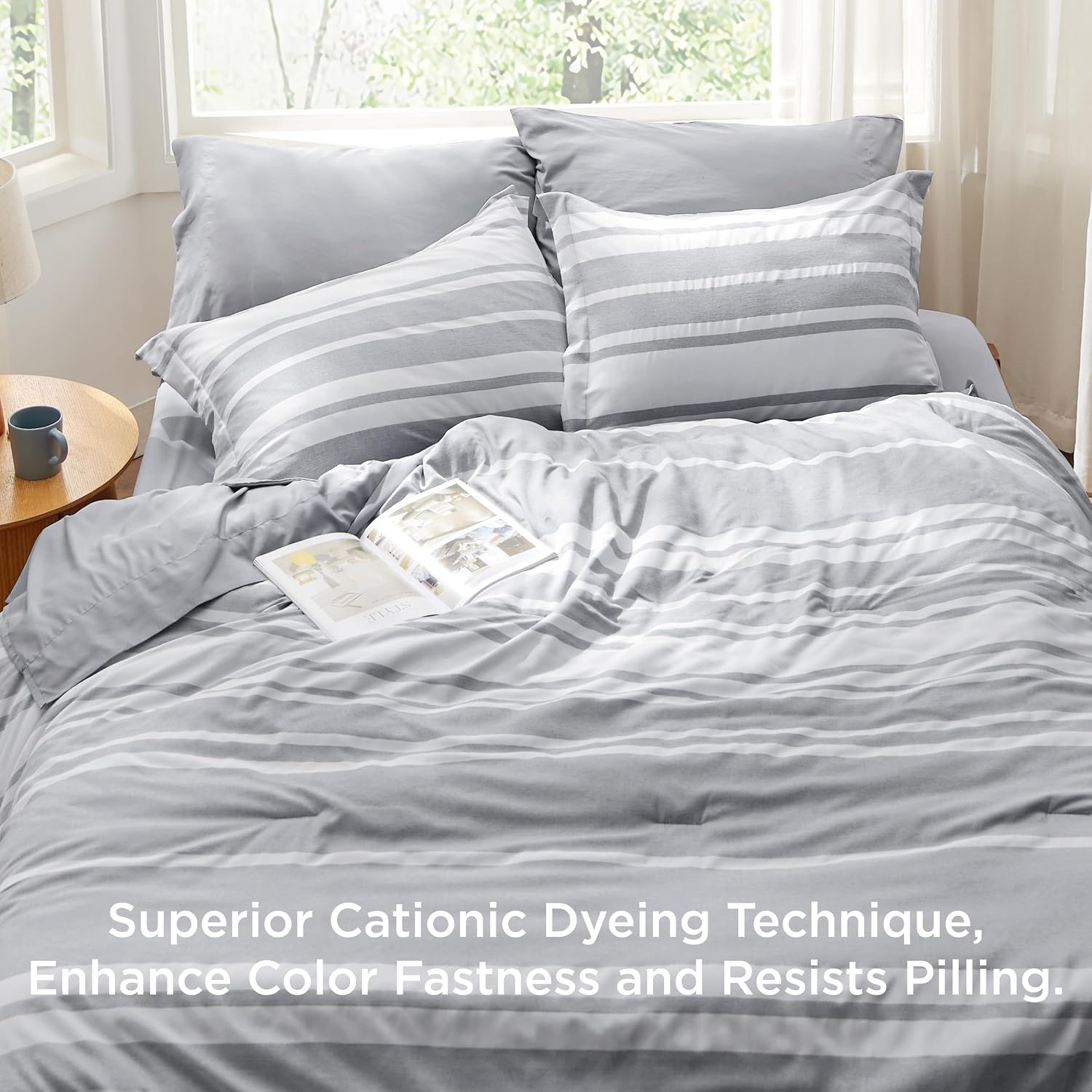 image:imageBedsure Queen Comforter Set 7 Pieces Grey Striped Bedding Set for All Seasons Reversible Cationic Dyeing Bed in a Bag with Comforter Sheets Pillowcases amp Shams01 Grey