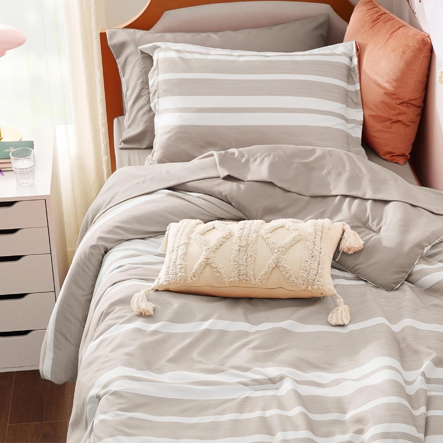 image:imageBedsure Queen Comforter Set 7 Pieces Grey Striped Bedding Set for All Seasons Reversible Cationic Dyeing Bed in a Bag with Comforter Sheets Pillowcases amp Shams11 Light Camel