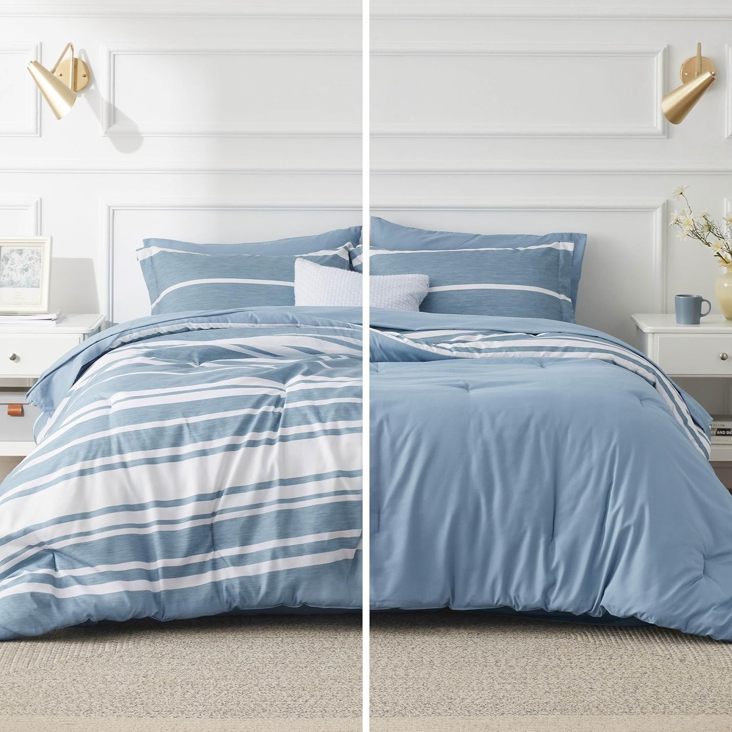 image:imageBedsure Queen Comforter Set 7 Pieces Grey Striped Bedding Set for All Seasons Reversible Cationic Dyeing Bed in a Bag with Comforter Sheets Pillowcases amp Shams13 Grey Blue