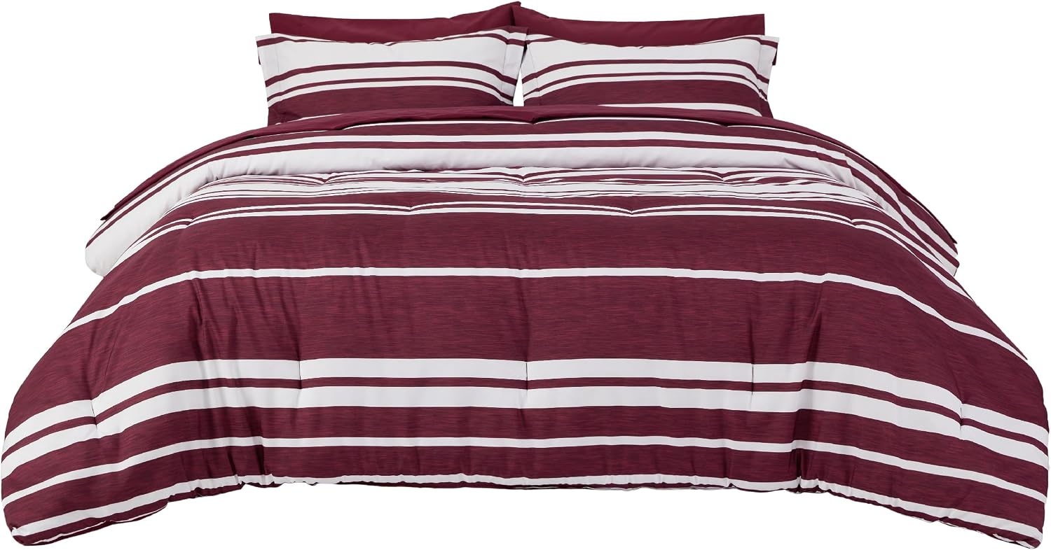 image:imageBedsure Queen Comforter Set 7 Pieces Grey Striped Bedding Set for All Seasons Reversible Cationic Dyeing Bed in a Bag with Comforter Sheets Pillowcases amp Shams10 Burgundy