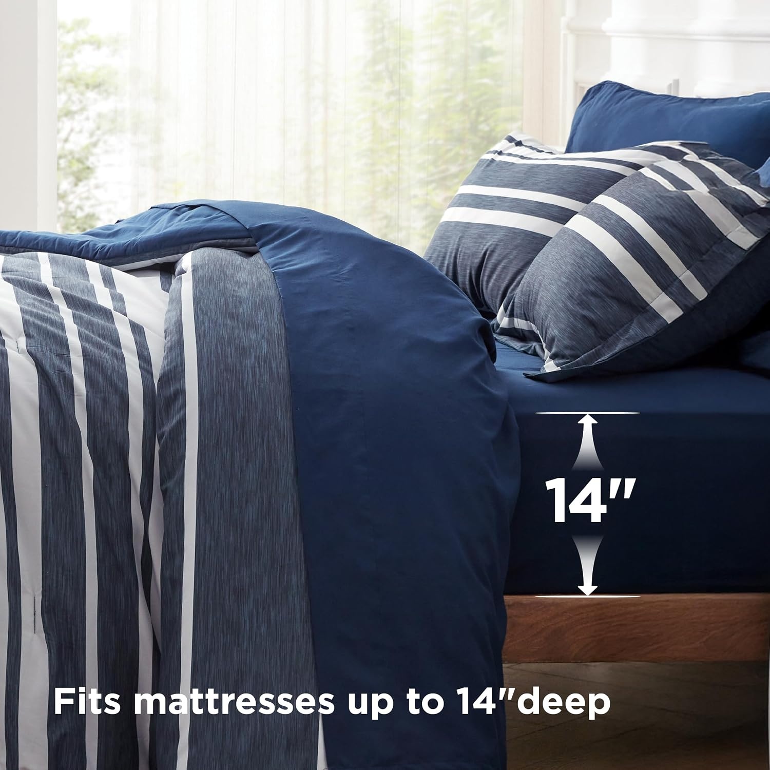 image:imageBedsure Queen Comforter Set 7 Pieces Grey Striped Bedding Set for All Seasons Reversible Cationic Dyeing Bed in a Bag with Comforter Sheets Pillowcases amp Shams05 Navy