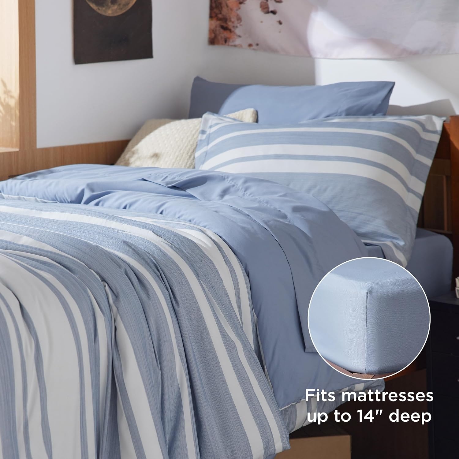 image:imageBedsure Queen Comforter Set 7 Pieces Grey Striped Bedding Set for All Seasons Reversible Cationic Dyeing Bed in a Bag with Comforter Sheets Pillowcases amp Shams02 Blue