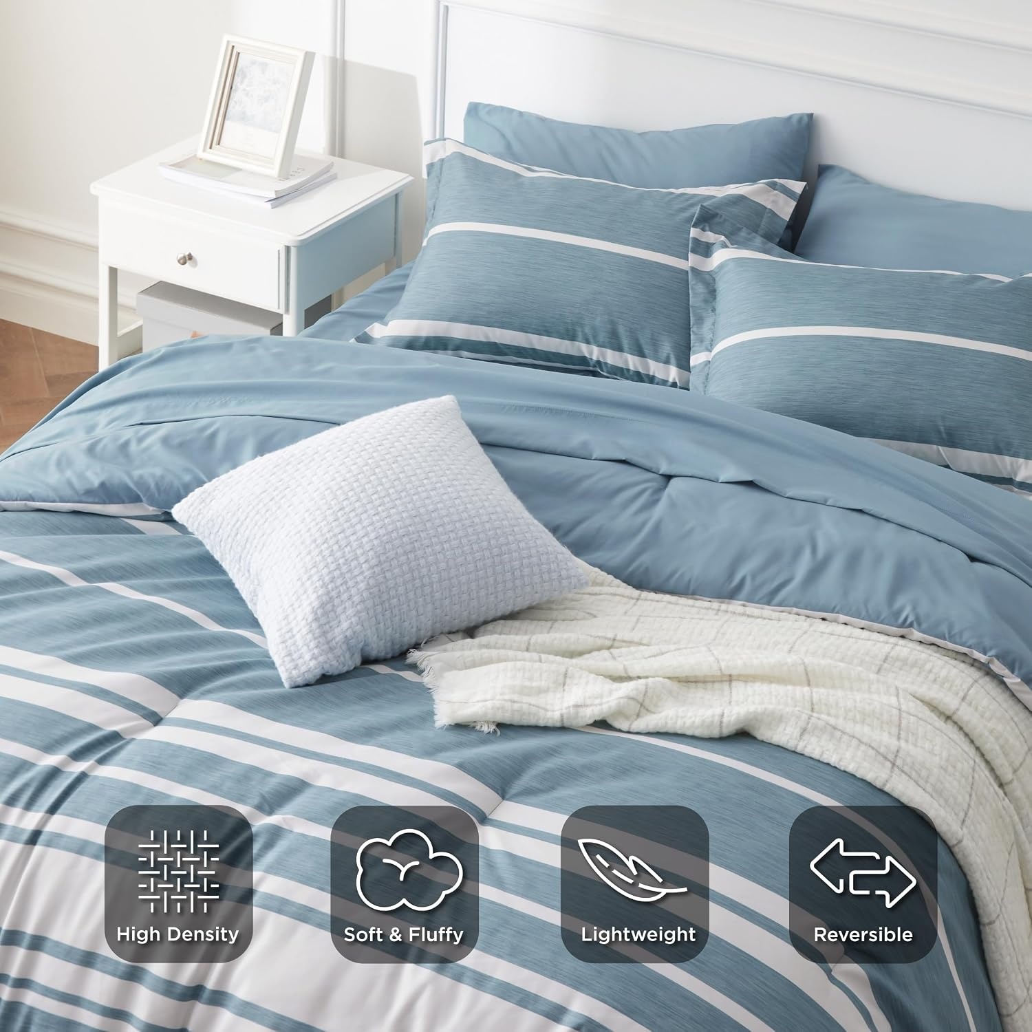 image:imageBedsure Queen Comforter Set 7 Pieces Grey Striped Bedding Set for All Seasons Reversible Cationic Dyeing Bed in a Bag with Comforter Sheets Pillowcases amp Shams13 Grey Blue
