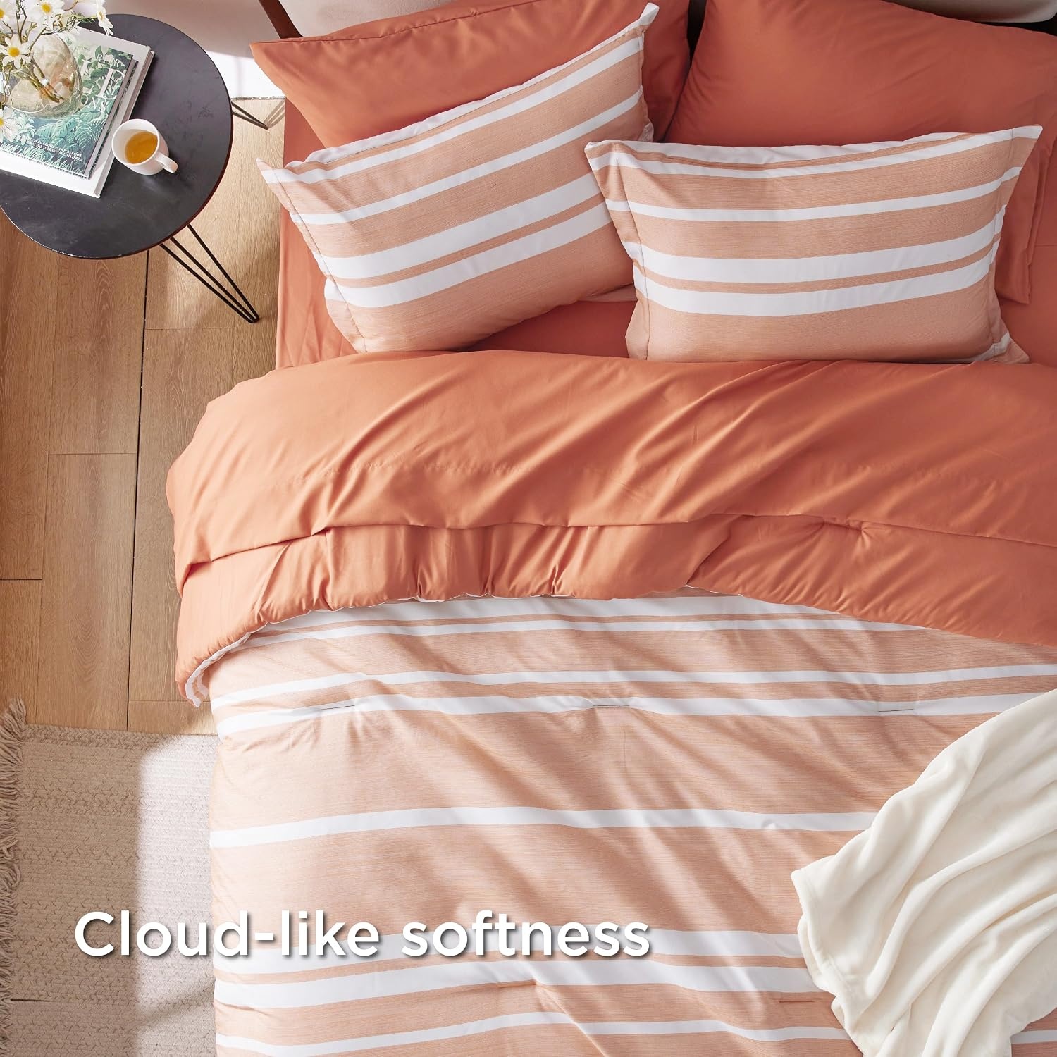 image:imageBedsure Queen Comforter Set 7 Pieces Grey Striped Bedding Set for All Seasons Reversible Cationic Dyeing Bed in a Bag with Comforter Sheets Pillowcases amp Shams12 Burnt Orange