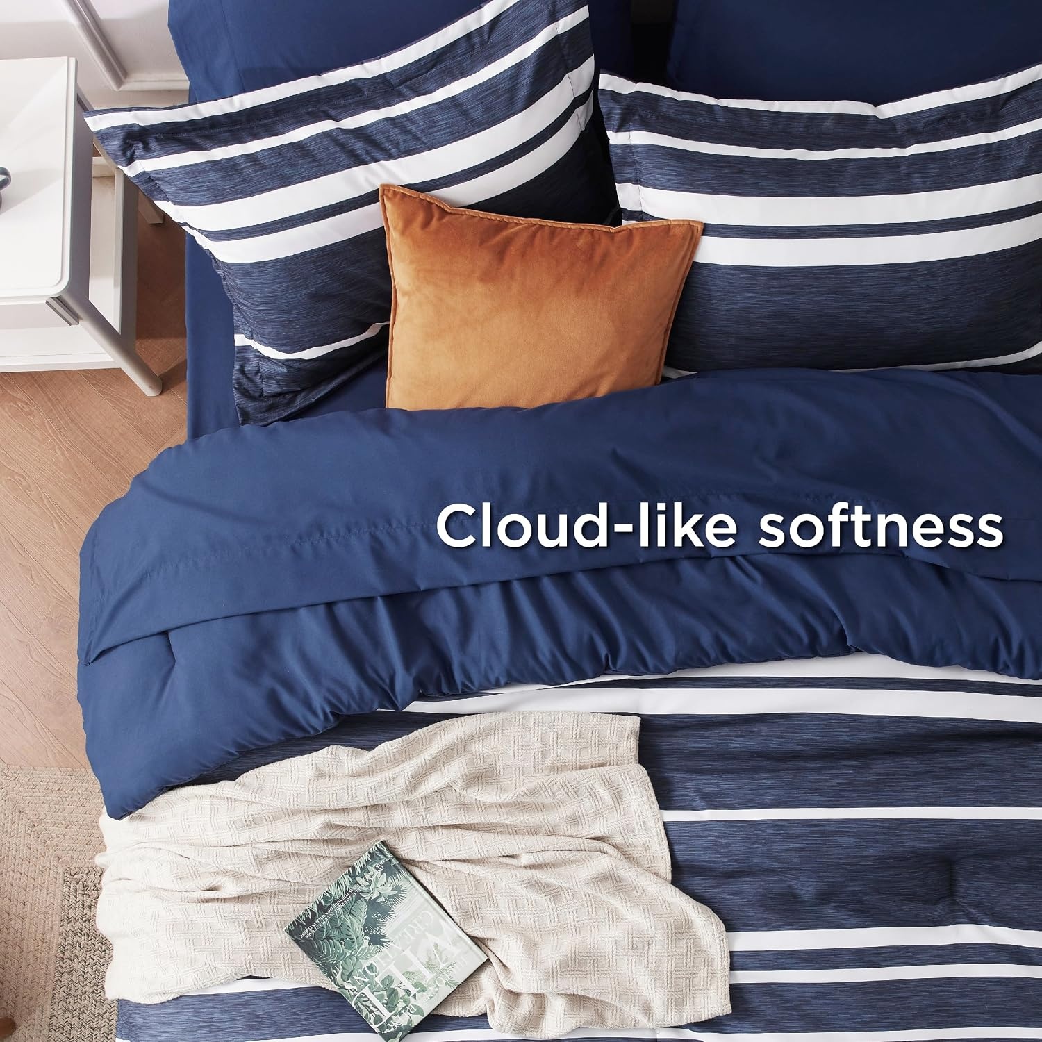 image:imageBedsure Queen Comforter Set 7 Pieces Grey Striped Bedding Set for All Seasons Reversible Cationic Dyeing Bed in a Bag with Comforter Sheets Pillowcases amp Shams05 Navy