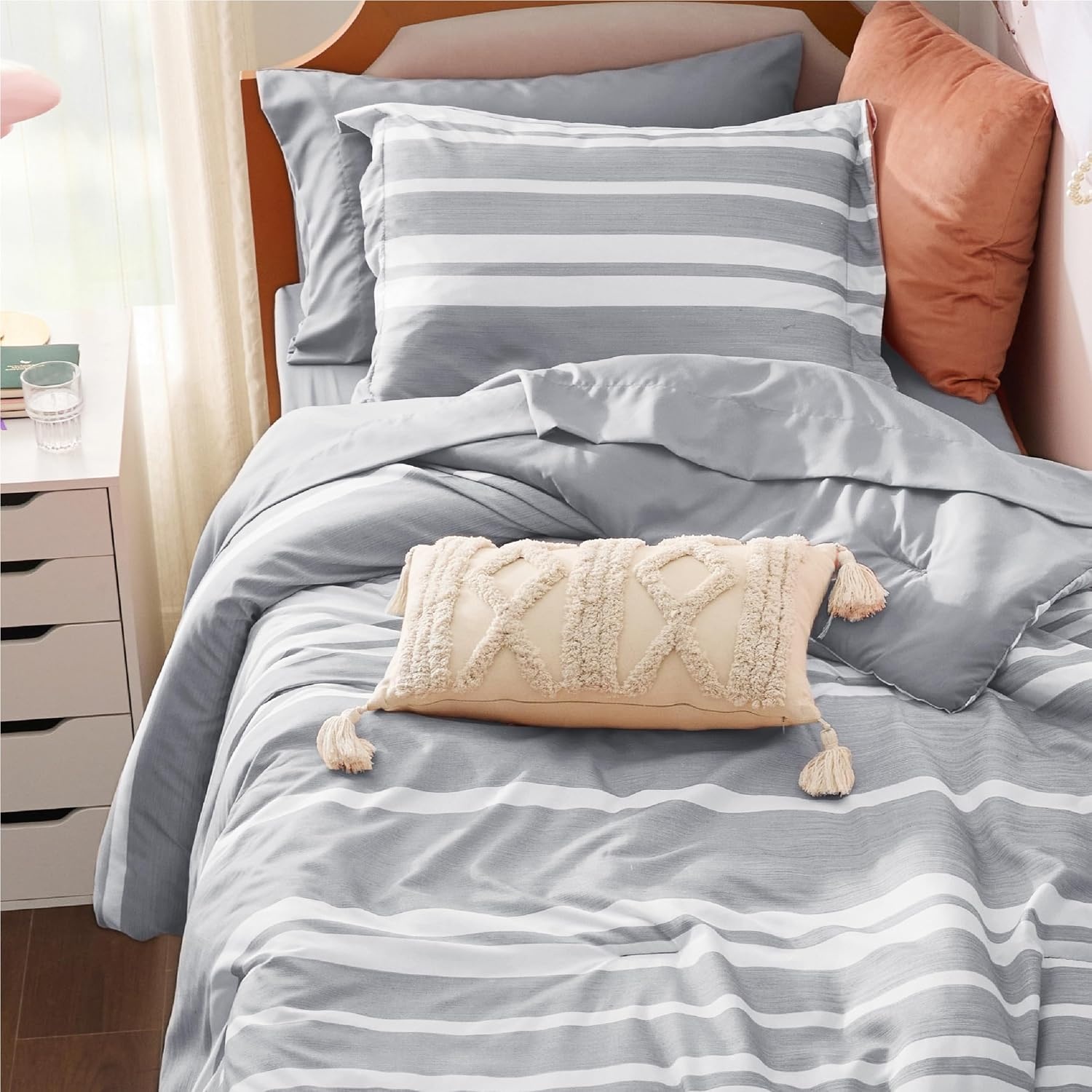 image:imageBedsure Queen Comforter Set 7 Pieces Grey Striped Bedding Set for All Seasons Reversible Cationic Dyeing Bed in a Bag with Comforter Sheets Pillowcases amp Shams01 Grey