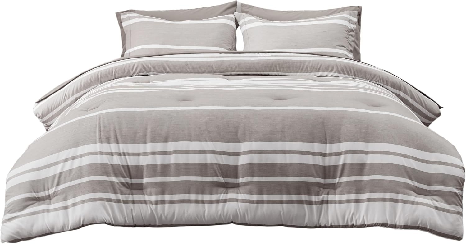 image:imageBedsure Queen Comforter Set 7 Pieces Grey Striped Bedding Set for All Seasons Reversible Cationic Dyeing Bed in a Bag with Comforter Sheets Pillowcases amp Shams14 Taupe