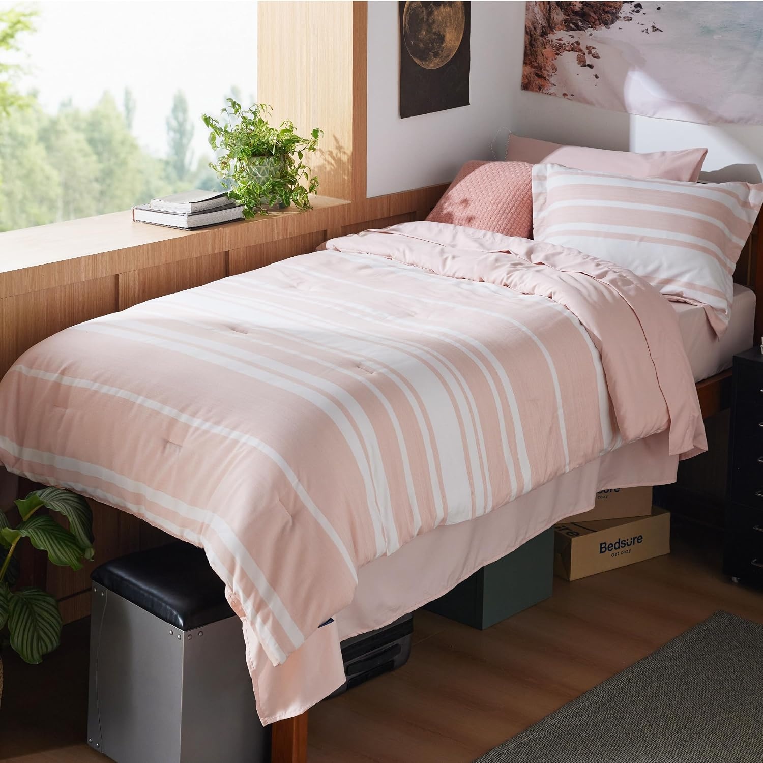 image:imageBedsure Queen Comforter Set 7 Pieces Grey Striped Bedding Set for All Seasons Reversible Cationic Dyeing Bed in a Bag with Comforter Sheets Pillowcases amp Shams15 Light Pink