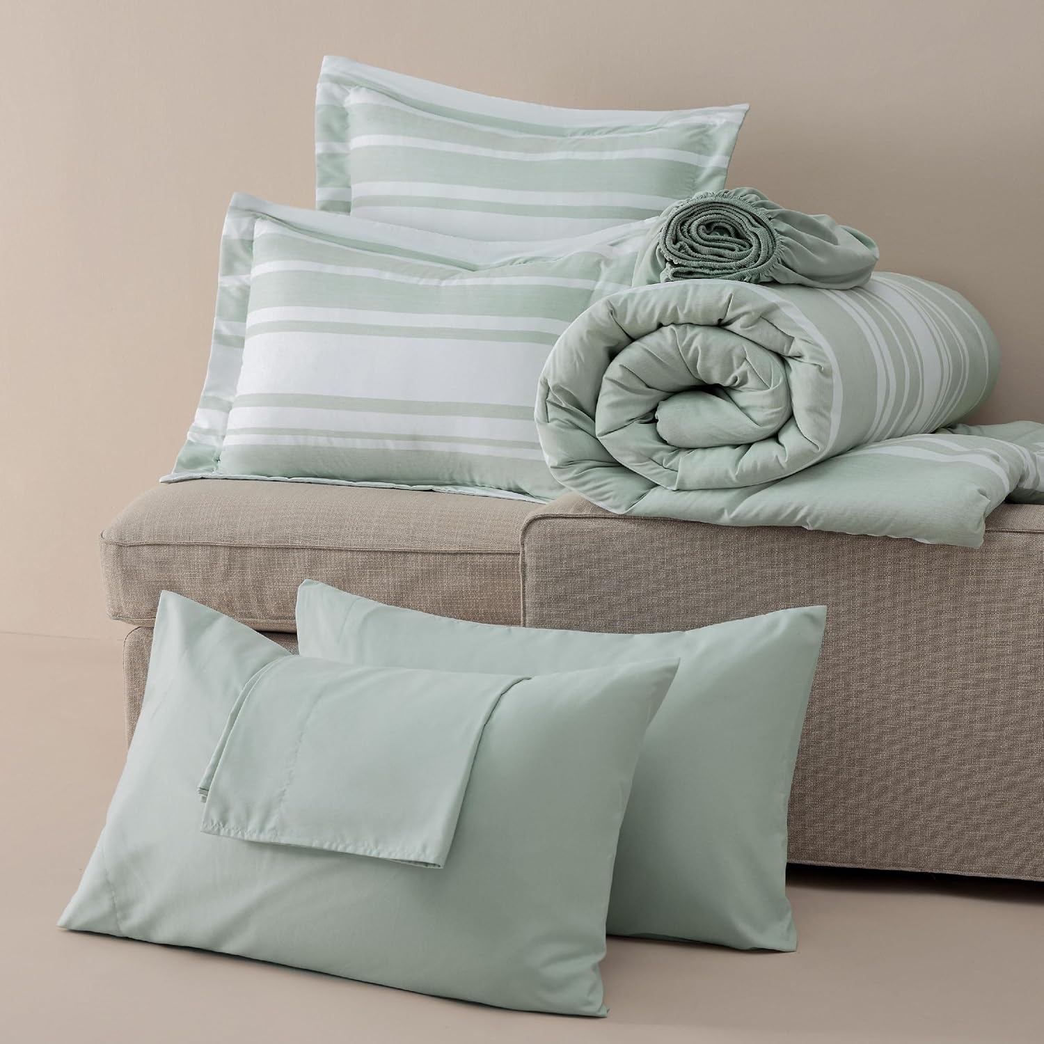 image:imageBedsure Queen Comforter Set 7 Pieces Grey Striped Bedding Set for All Seasons Reversible Cationic Dyeing Bed in a Bag with Comforter Sheets Pillowcases amp Shams03 Sage Green