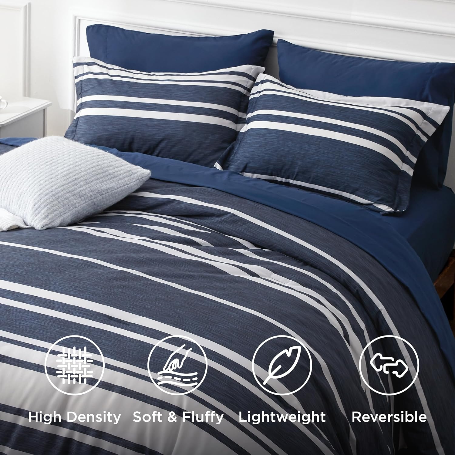 image:imageBedsure Queen Comforter Set 7 Pieces Grey Striped Bedding Set for All Seasons Reversible Cationic Dyeing Bed in a Bag with Comforter Sheets Pillowcases amp Shams05 Navy