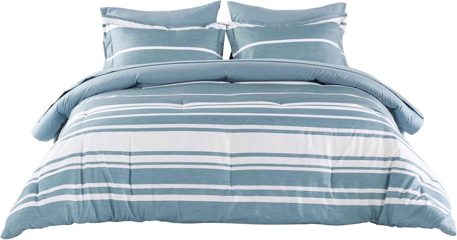 image:imageBedsure Queen Comforter Set 7 Pieces Grey Striped Bedding Set for All Seasons Reversible Cationic Dyeing Bed in a Bag with Comforter Sheets Pillowcases amp Shams13 Grey Blue