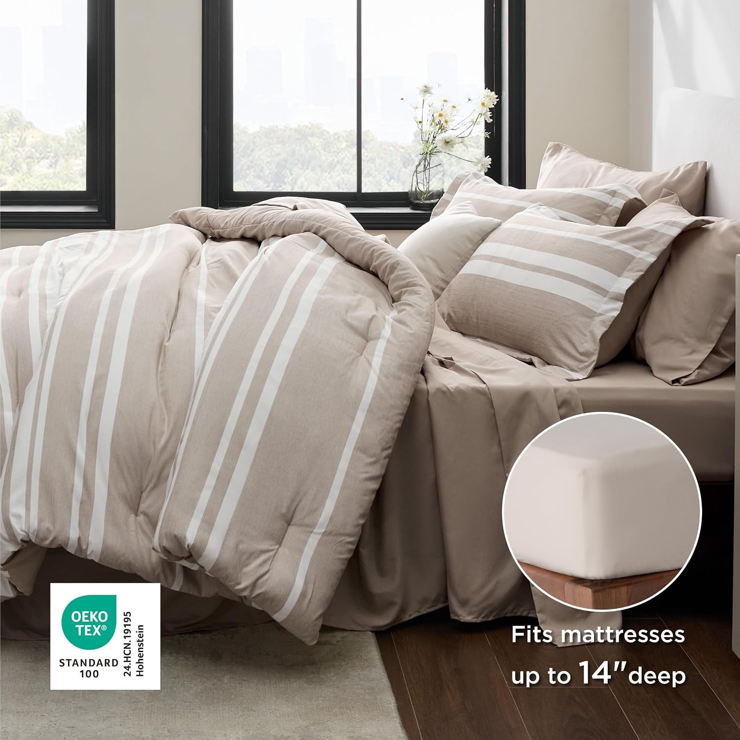 image:imageBedsure Queen Comforter Set 7 Pieces Grey Striped Bedding Set for All Seasons Reversible Cationic Dyeing Bed in a Bag with Comforter Sheets Pillowcases amp Shams11 Light Camel