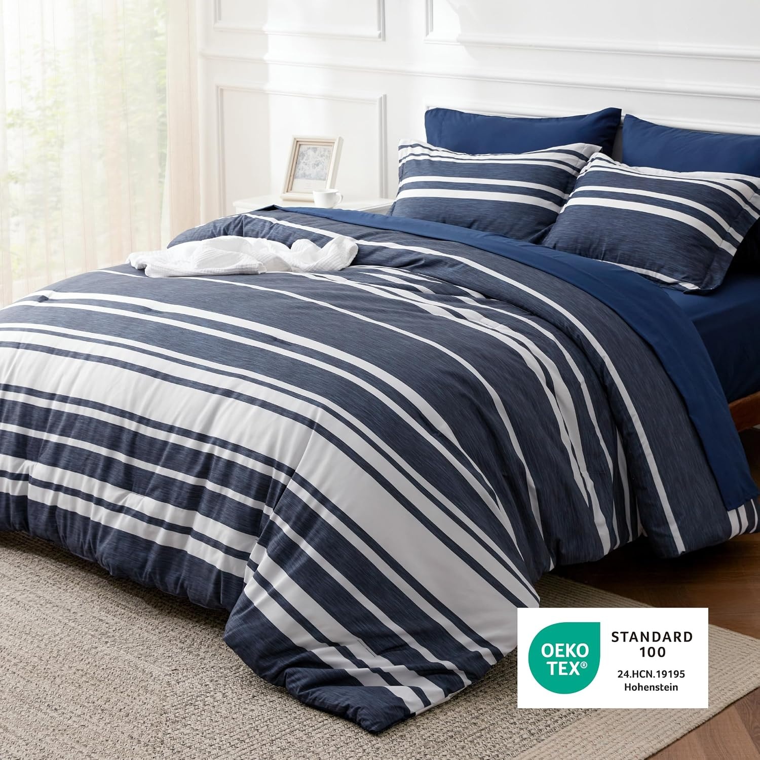 image:imageBedsure Queen Comforter Set 7 Pieces Grey Striped Bedding Set for All Seasons Reversible Cationic Dyeing Bed in a Bag with Comforter Sheets Pillowcases amp Shams05 Navy