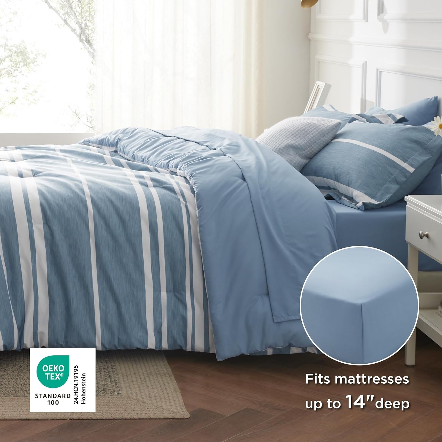 image:imageBedsure Queen Comforter Set 7 Pieces Grey Striped Bedding Set for All Seasons Reversible Cationic Dyeing Bed in a Bag with Comforter Sheets Pillowcases amp Shams13 Grey Blue