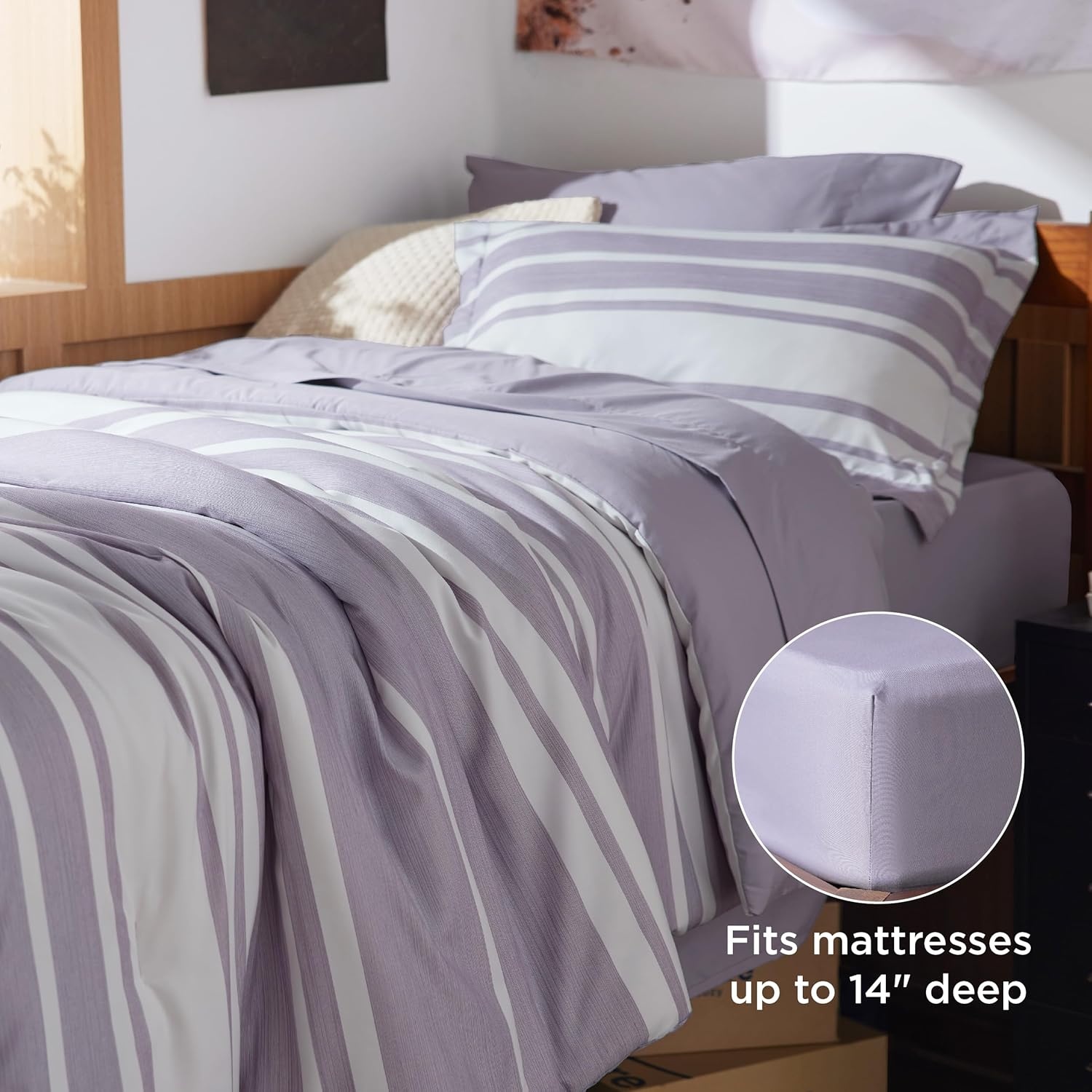 image:imageBedsure Queen Comforter Set 7 Pieces Grey Striped Bedding Set for All Seasons Reversible Cationic Dyeing Bed in a Bag with Comforter Sheets Pillowcases amp Shams09 Purple
