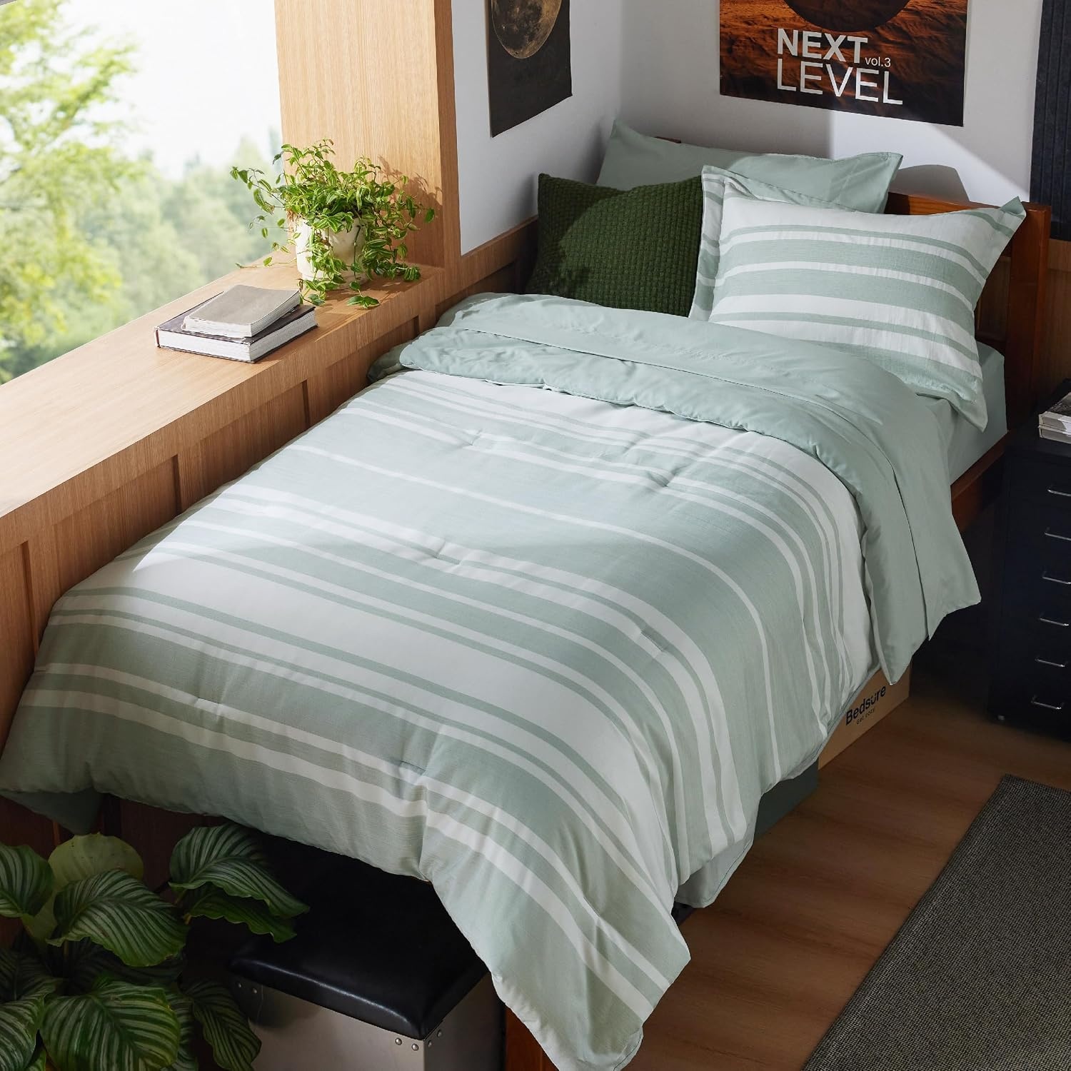 image:imageBedsure Queen Comforter Set 7 Pieces Grey Striped Bedding Set for All Seasons Reversible Cationic Dyeing Bed in a Bag with Comforter Sheets Pillowcases amp Shams03 Sage Green