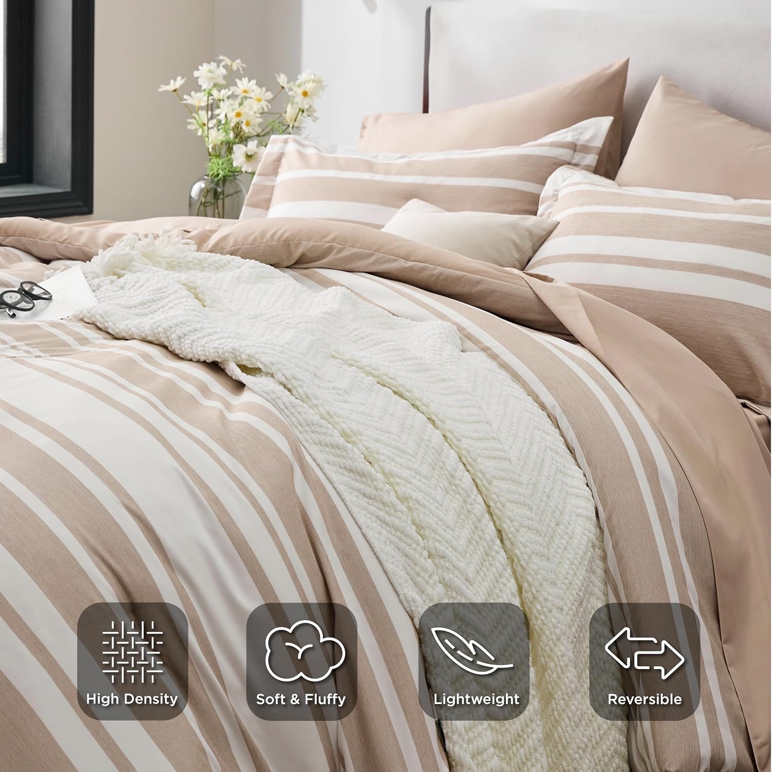 image:imageBedsure Queen Comforter Set 7 Pieces Grey Striped Bedding Set for All Seasons Reversible Cationic Dyeing Bed in a Bag with Comforter Sheets Pillowcases amp Shams11 Light Camel