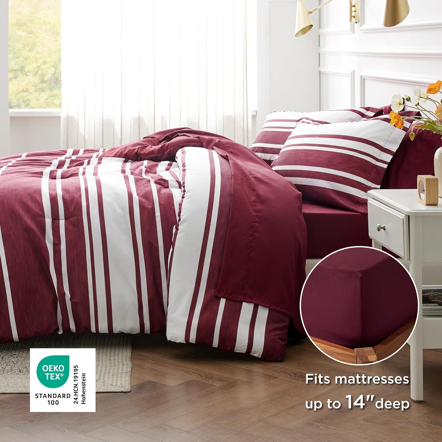 image:imageBedsure Queen Comforter Set 7 Pieces Grey Striped Bedding Set for All Seasons Reversible Cationic Dyeing Bed in a Bag with Comforter Sheets Pillowcases amp Shams10 Burgundy