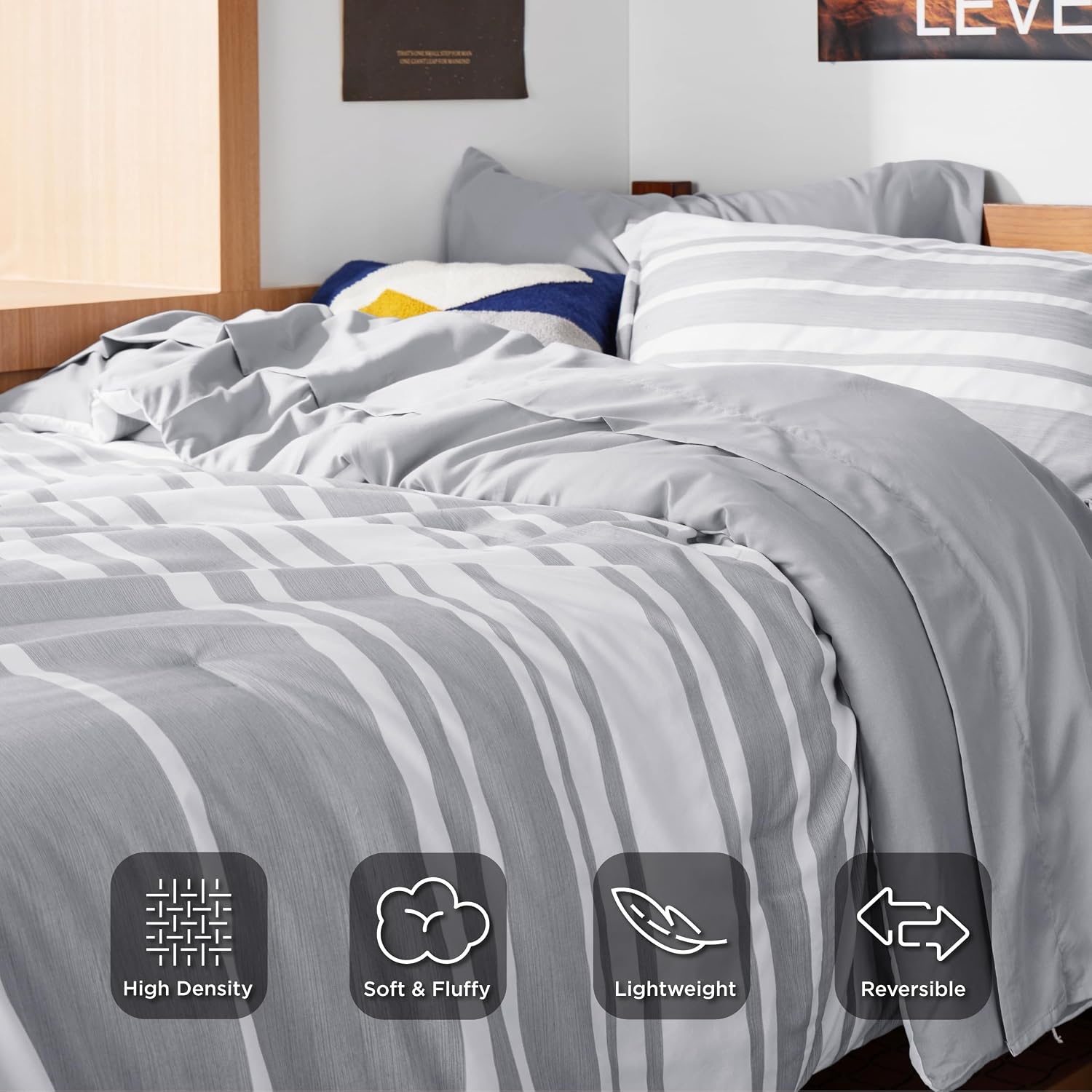 image:imageBedsure Queen Comforter Set 7 Pieces Grey Striped Bedding Set for All Seasons Reversible Cationic Dyeing Bed in a Bag with Comforter Sheets Pillowcases amp Shams01 Grey
