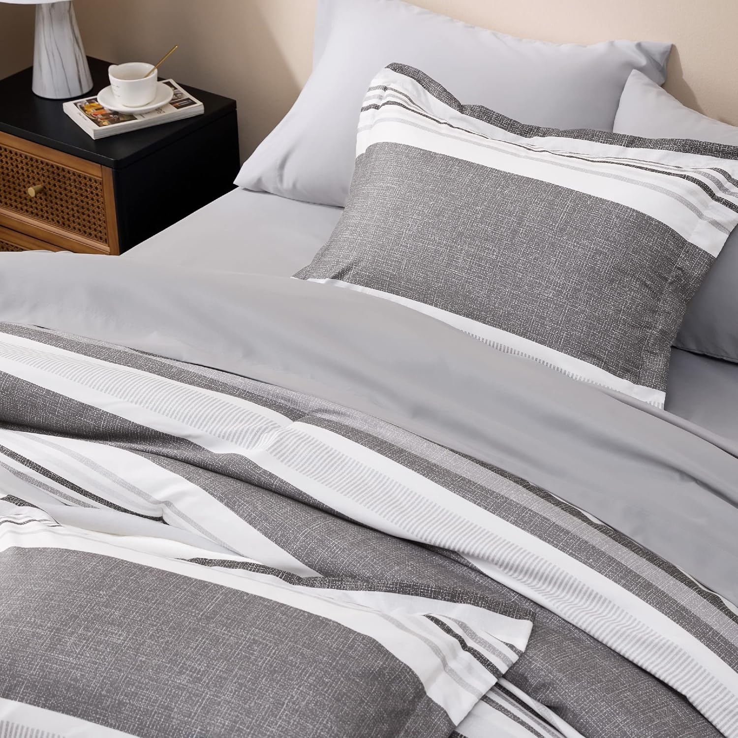 image:imageBedsure Queen Comforter Set 7 Pieces Grey Striped Bedding Set for All Seasons Reversible Cationic Dyeing Bed in a Bag with Comforter Sheets Pillowcases amp Shams20 Frost Grey