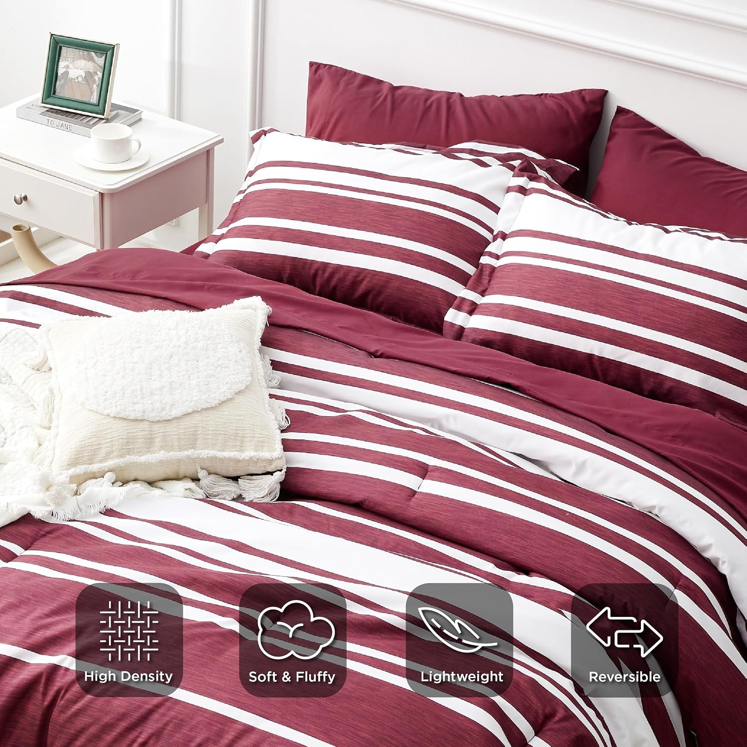image:imageBedsure Queen Comforter Set 7 Pieces Grey Striped Bedding Set for All Seasons Reversible Cationic Dyeing Bed in a Bag with Comforter Sheets Pillowcases amp Shams10 Burgundy