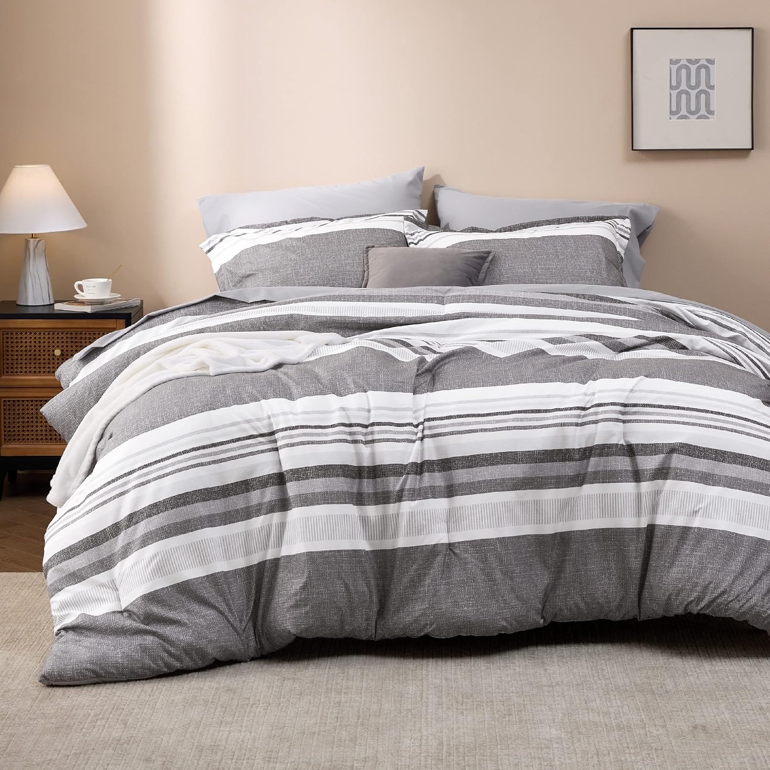 image:imageBedsure Queen Comforter Set 7 Pieces Grey Striped Bedding Set for All Seasons Reversible Cationic Dyeing Bed in a Bag with Comforter Sheets Pillowcases amp Shams20 Frost Grey