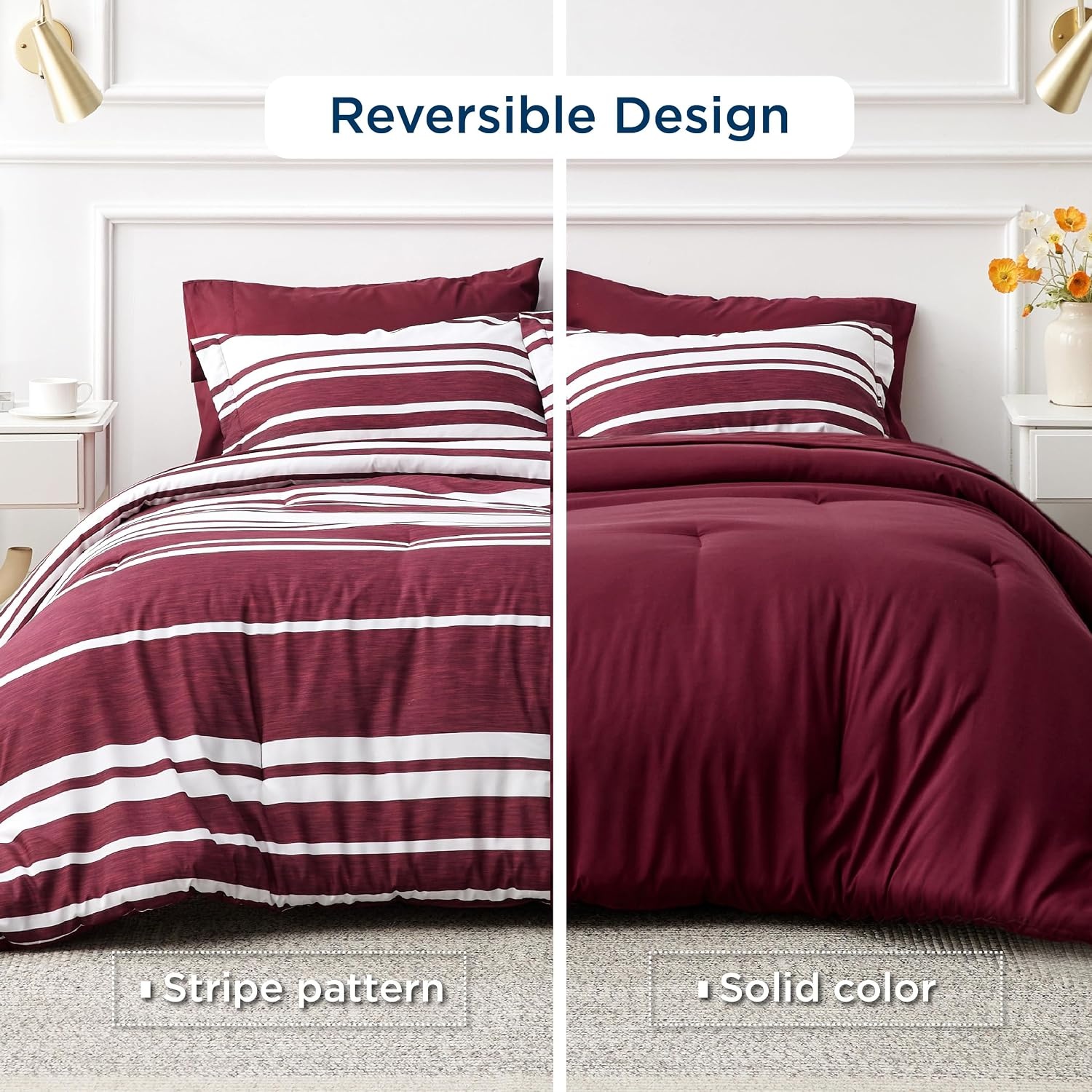 image:imageBedsure Queen Comforter Set 7 Pieces Grey Striped Bedding Set for All Seasons Reversible Cationic Dyeing Bed in a Bag with Comforter Sheets Pillowcases amp Shams10 Burgundy