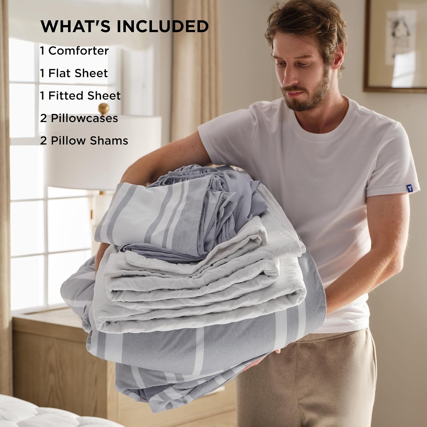 image:imageBedsure Queen Comforter Set 7 Pieces Grey Striped Bedding Set for All Seasons Reversible Cationic Dyeing Bed in a Bag with Comforter Sheets Pillowcases amp Shams01 Grey