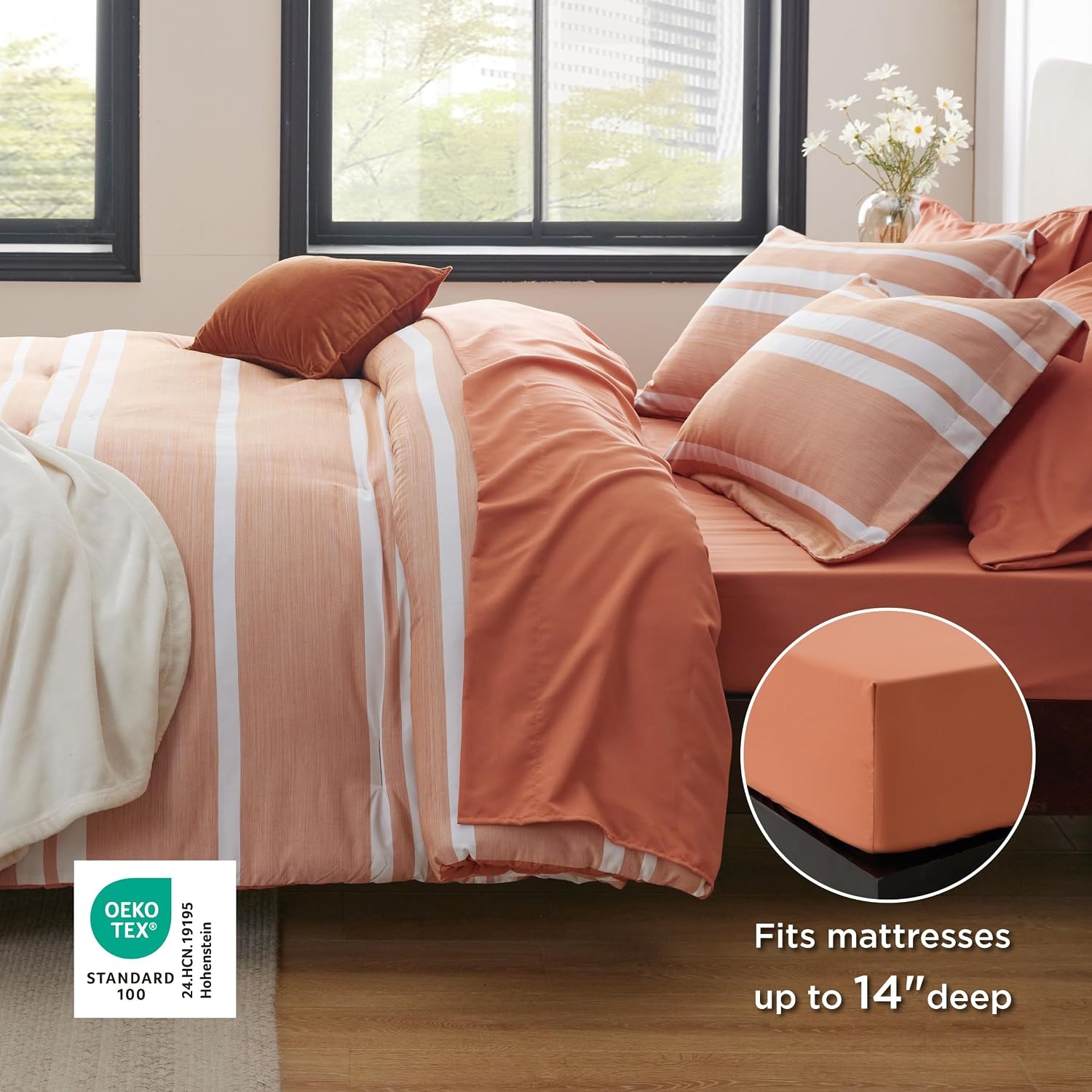 image:imageBedsure Queen Comforter Set 7 Pieces Grey Striped Bedding Set for All Seasons Reversible Cationic Dyeing Bed in a Bag with Comforter Sheets Pillowcases amp Shams12 Burnt Orange