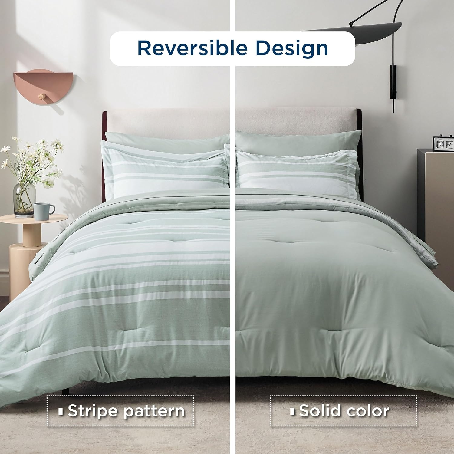 image:imageBedsure Queen Comforter Set 7 Pieces Grey Striped Bedding Set for All Seasons Reversible Cationic Dyeing Bed in a Bag with Comforter Sheets Pillowcases amp Shams03 Sage Green