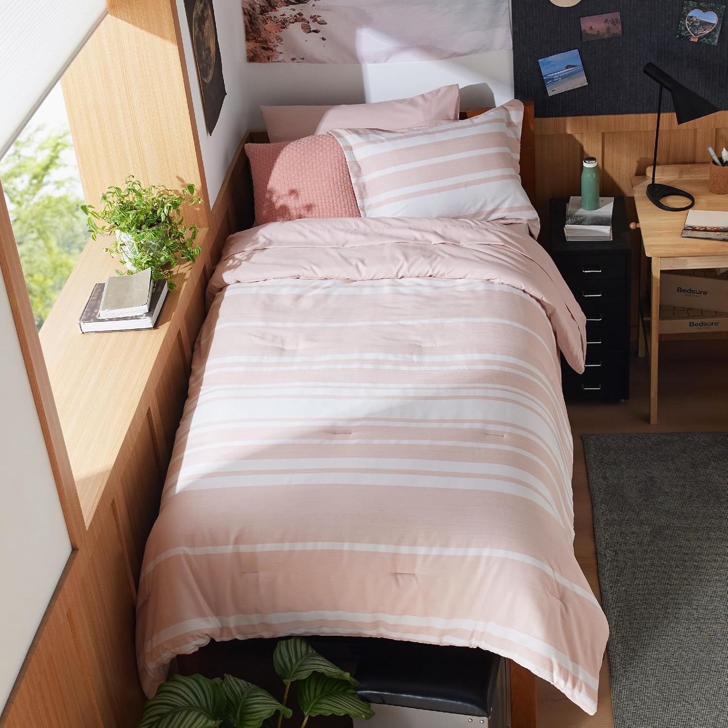 image:imageBedsure Queen Comforter Set 7 Pieces Grey Striped Bedding Set for All Seasons Reversible Cationic Dyeing Bed in a Bag with Comforter Sheets Pillowcases amp Shams15 Light Pink