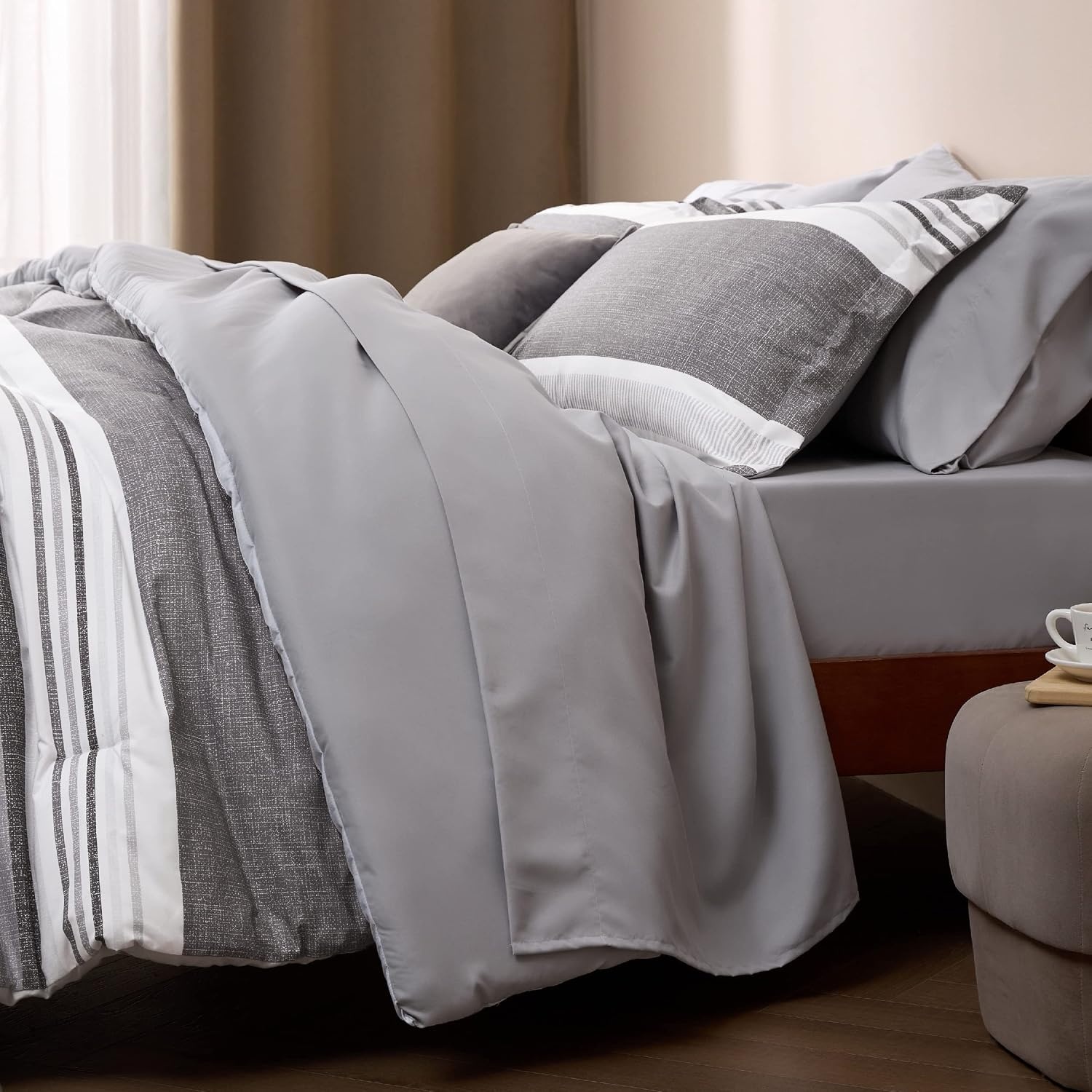 image:imageBedsure Queen Comforter Set 7 Pieces Grey Striped Bedding Set for All Seasons Reversible Cationic Dyeing Bed in a Bag with Comforter Sheets Pillowcases amp Shams20 Frost Grey