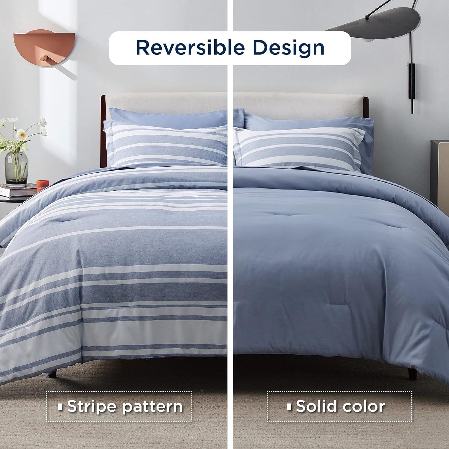 image:imageBedsure Queen Comforter Set 7 Pieces Grey Striped Bedding Set for All Seasons Reversible Cationic Dyeing Bed in a Bag with Comforter Sheets Pillowcases amp Shams02 Blue