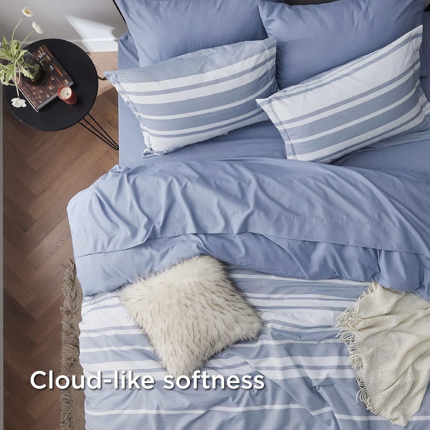 image:imageBedsure Queen Comforter Set 7 Pieces Grey Striped Bedding Set for All Seasons Reversible Cationic Dyeing Bed in a Bag with Comforter Sheets Pillowcases amp Shams02 Blue