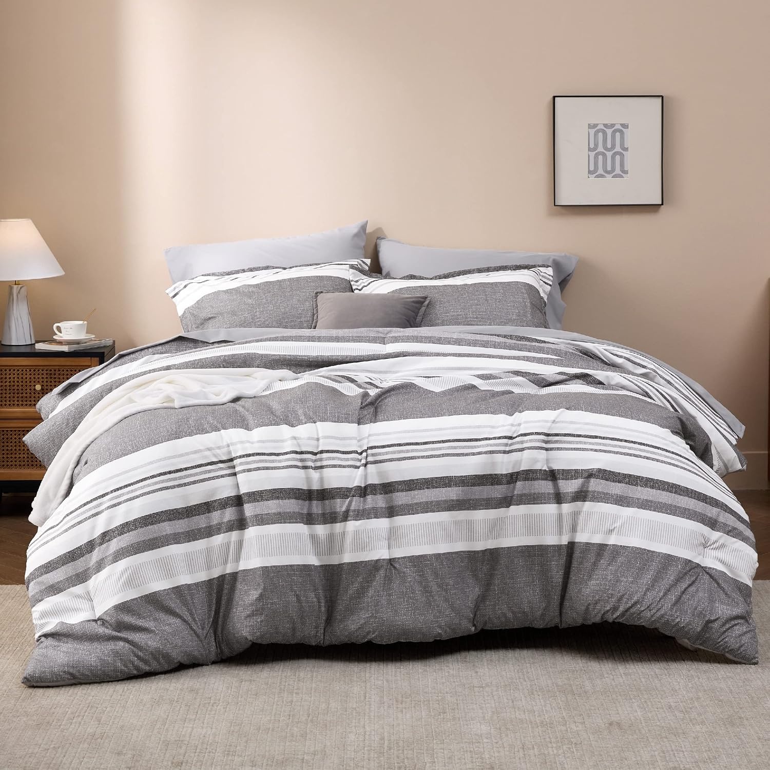 image:imageBedsure Queen Comforter Set 7 Pieces Grey Striped Bedding Set for All Seasons Reversible Cationic Dyeing Bed in a Bag with Comforter Sheets Pillowcases amp Shams20 Frost Grey