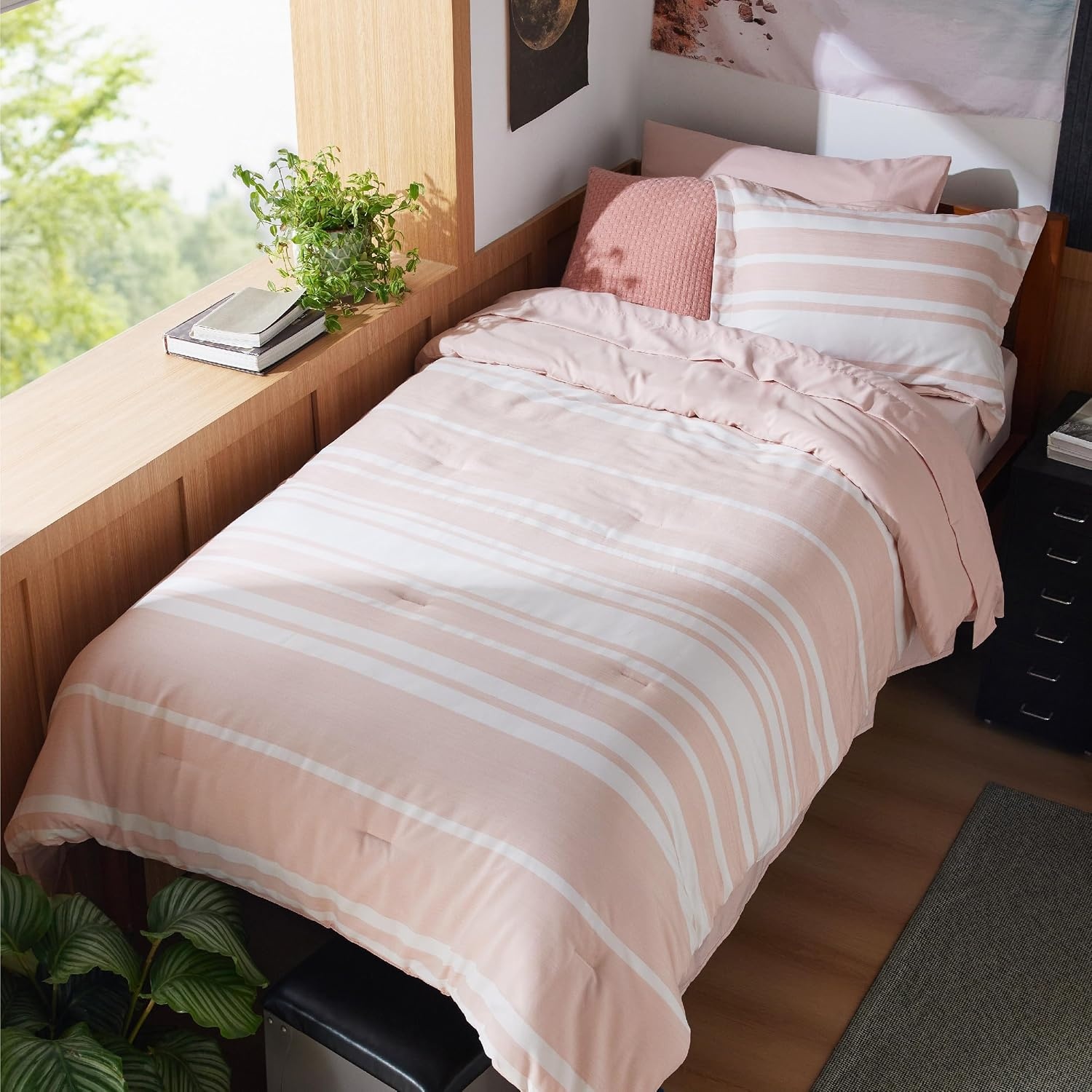 image:imageBedsure Queen Comforter Set 7 Pieces Grey Striped Bedding Set for All Seasons Reversible Cationic Dyeing Bed in a Bag with Comforter Sheets Pillowcases amp Shams15 Light Pink