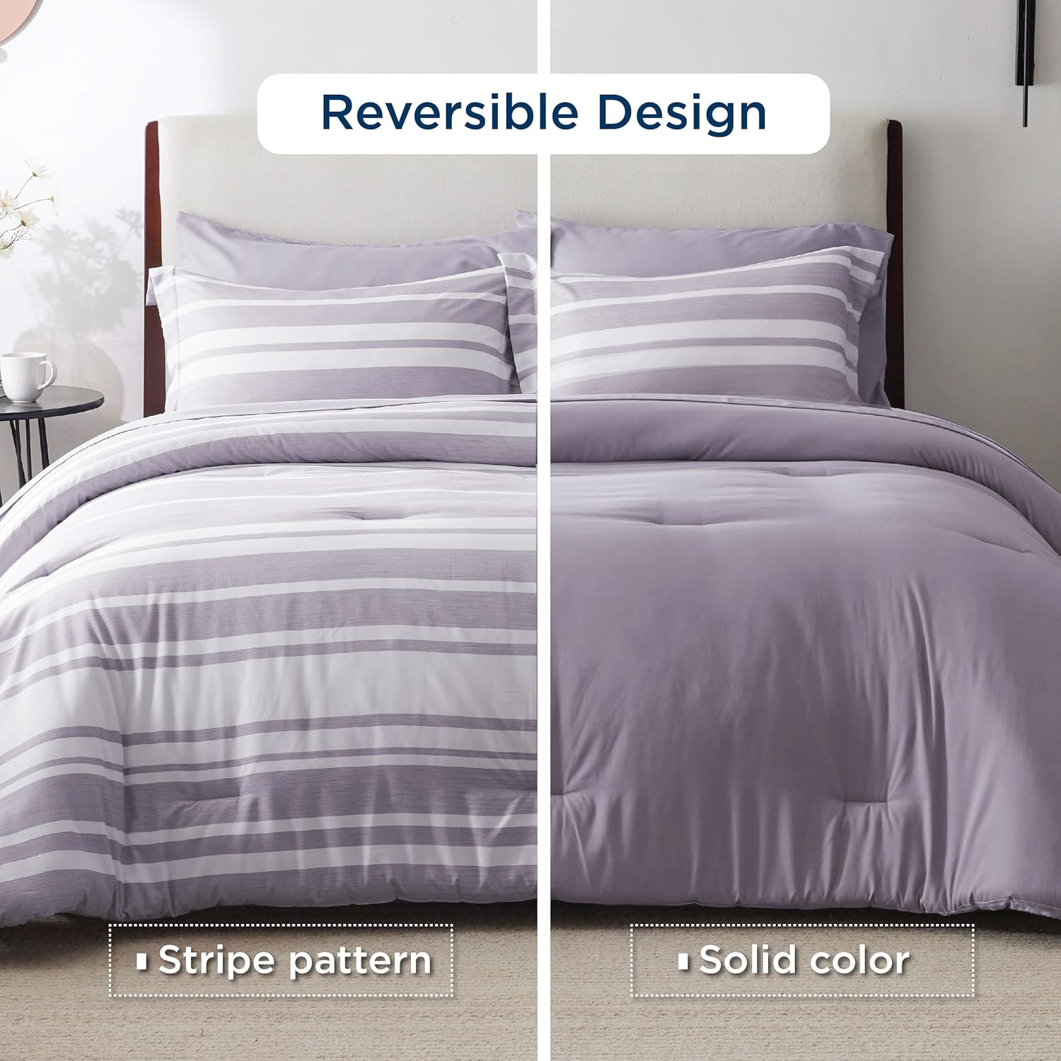 image:imageBedsure Queen Comforter Set 7 Pieces Grey Striped Bedding Set for All Seasons Reversible Cationic Dyeing Bed in a Bag with Comforter Sheets Pillowcases amp Shams09 Purple
