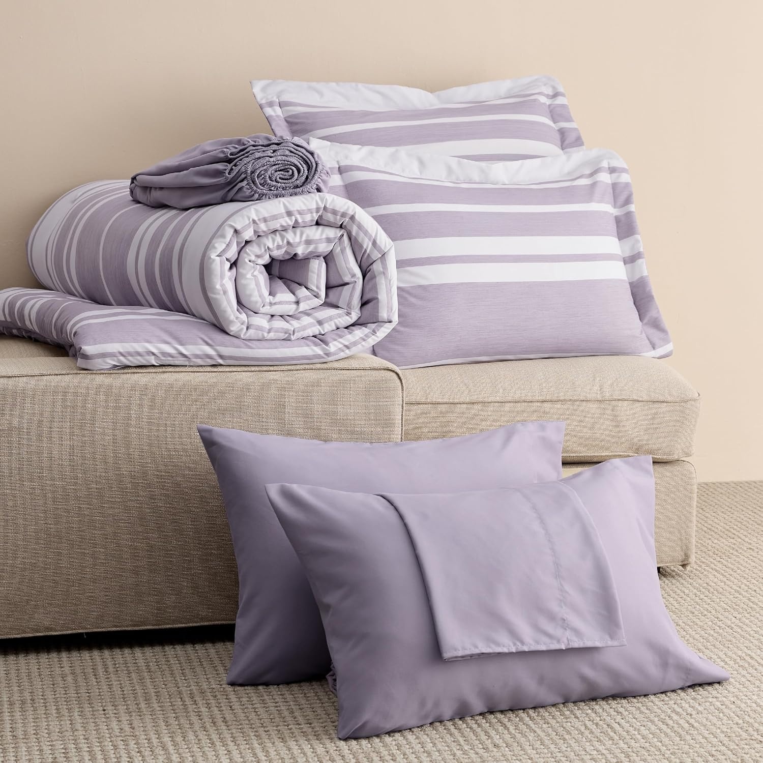 image:imageBedsure Queen Comforter Set 7 Pieces Grey Striped Bedding Set for All Seasons Reversible Cationic Dyeing Bed in a Bag with Comforter Sheets Pillowcases amp Shams09 Purple