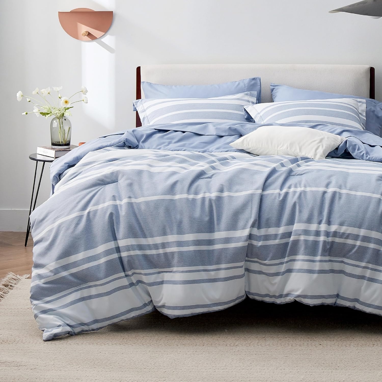 image:imageBedsure Queen Comforter Set 7 Pieces Grey Striped Bedding Set for All Seasons Reversible Cationic Dyeing Bed in a Bag with Comforter Sheets Pillowcases amp Shams02 Blue