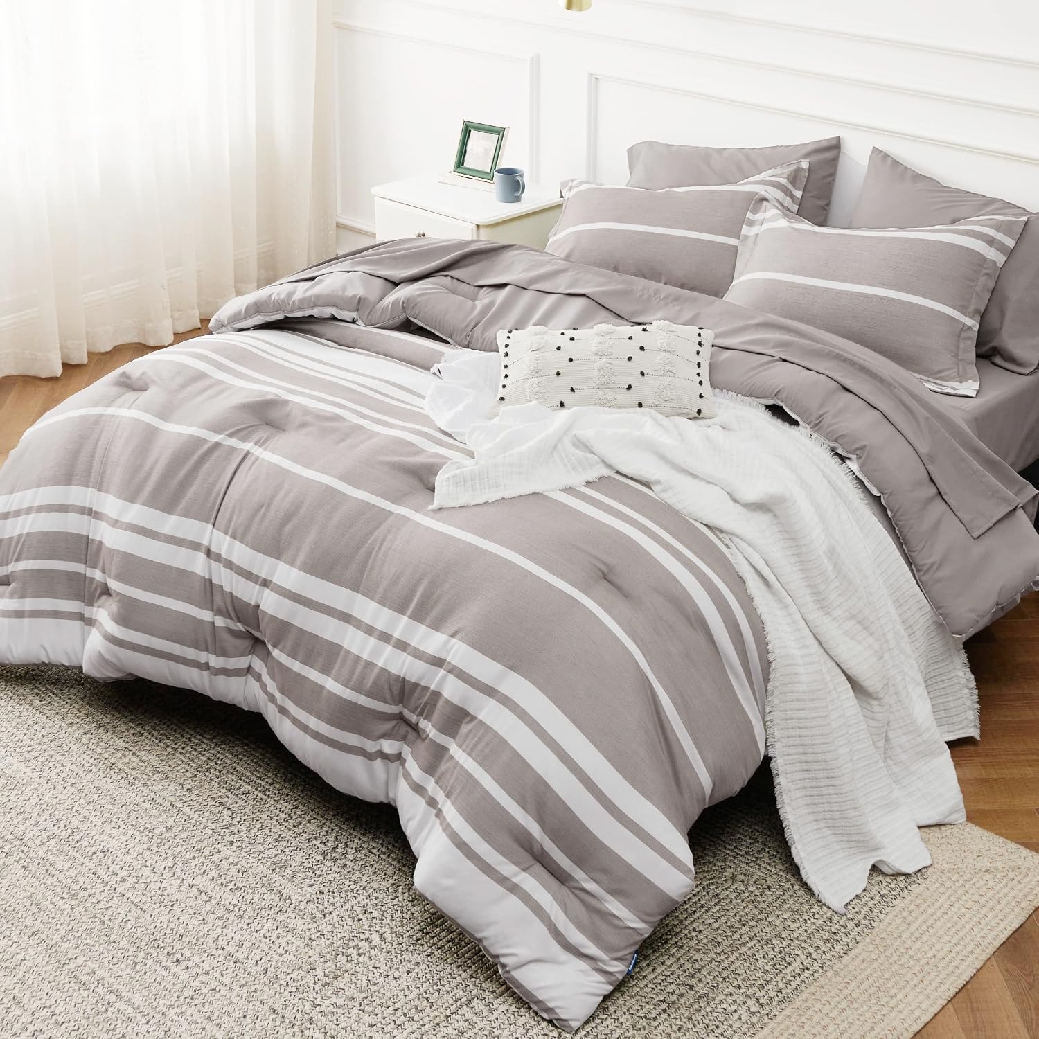 image:imageBedsure Queen Comforter Set 7 Pieces Grey Striped Bedding Set for All Seasons Reversible Cationic Dyeing Bed in a Bag with Comforter Sheets Pillowcases amp Shams14 Taupe