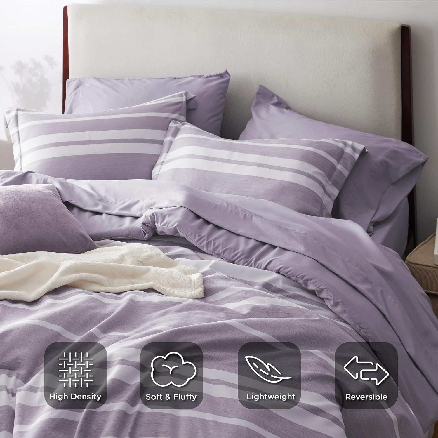 image:imageBedsure Queen Comforter Set 7 Pieces Grey Striped Bedding Set for All Seasons Reversible Cationic Dyeing Bed in a Bag with Comforter Sheets Pillowcases amp Shams09 Purple