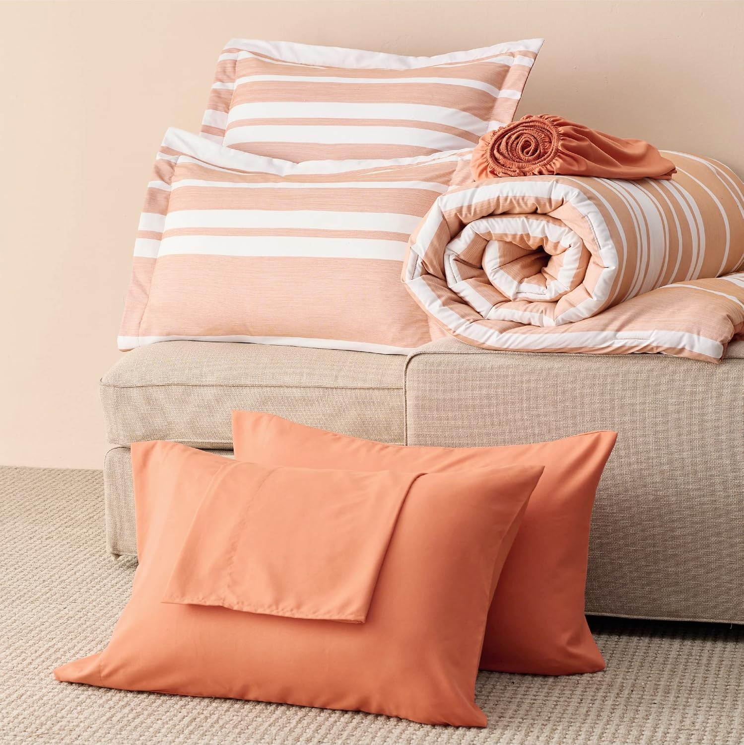image:imageBedsure Queen Comforter Set 7 Pieces Grey Striped Bedding Set for All Seasons Reversible Cationic Dyeing Bed in a Bag with Comforter Sheets Pillowcases amp Shams12 Burnt Orange