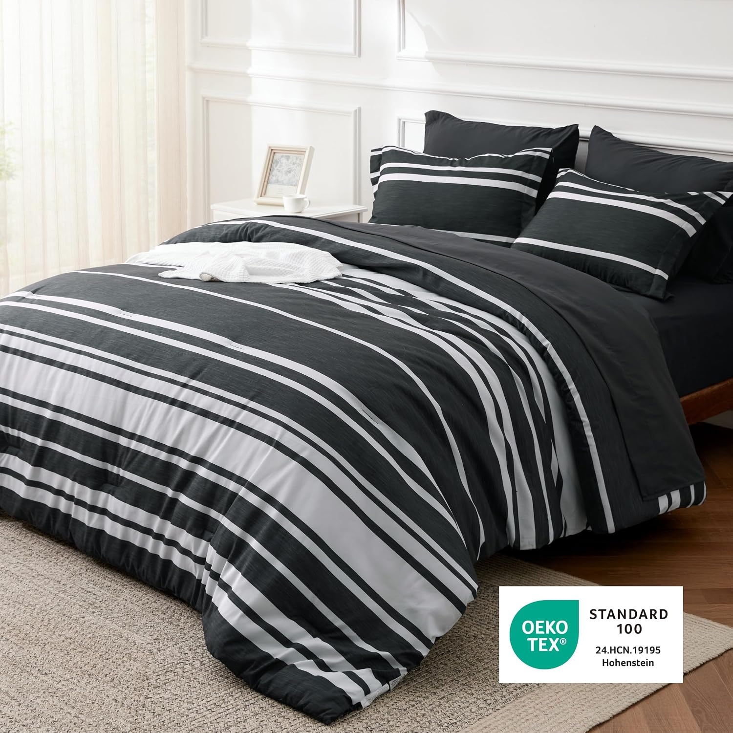 image:imageBedsure Queen Comforter Set 7 Pieces Grey Striped Bedding Set for All Seasons Reversible Cationic Dyeing Bed in a Bag with Comforter Sheets Pillowcases amp Shams07 Black