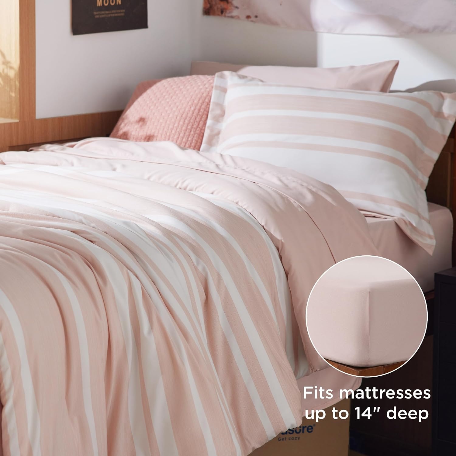 image:imageBedsure Queen Comforter Set 7 Pieces Grey Striped Bedding Set for All Seasons Reversible Cationic Dyeing Bed in a Bag with Comforter Sheets Pillowcases amp Shams15 Light Pink