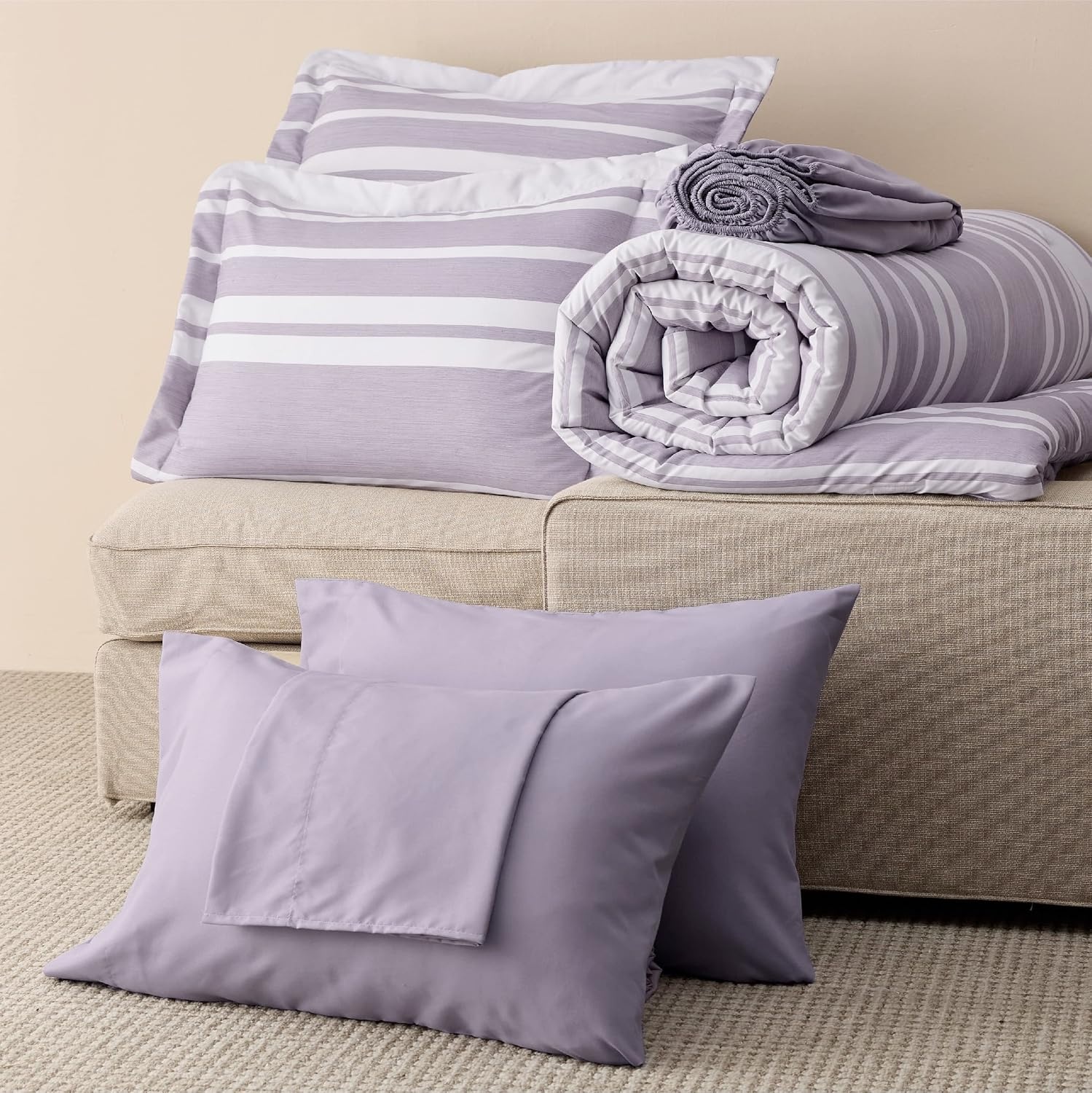 image:imageBedsure Queen Comforter Set 7 Pieces Grey Striped Bedding Set for All Seasons Reversible Cationic Dyeing Bed in a Bag with Comforter Sheets Pillowcases amp Shams09 Purple