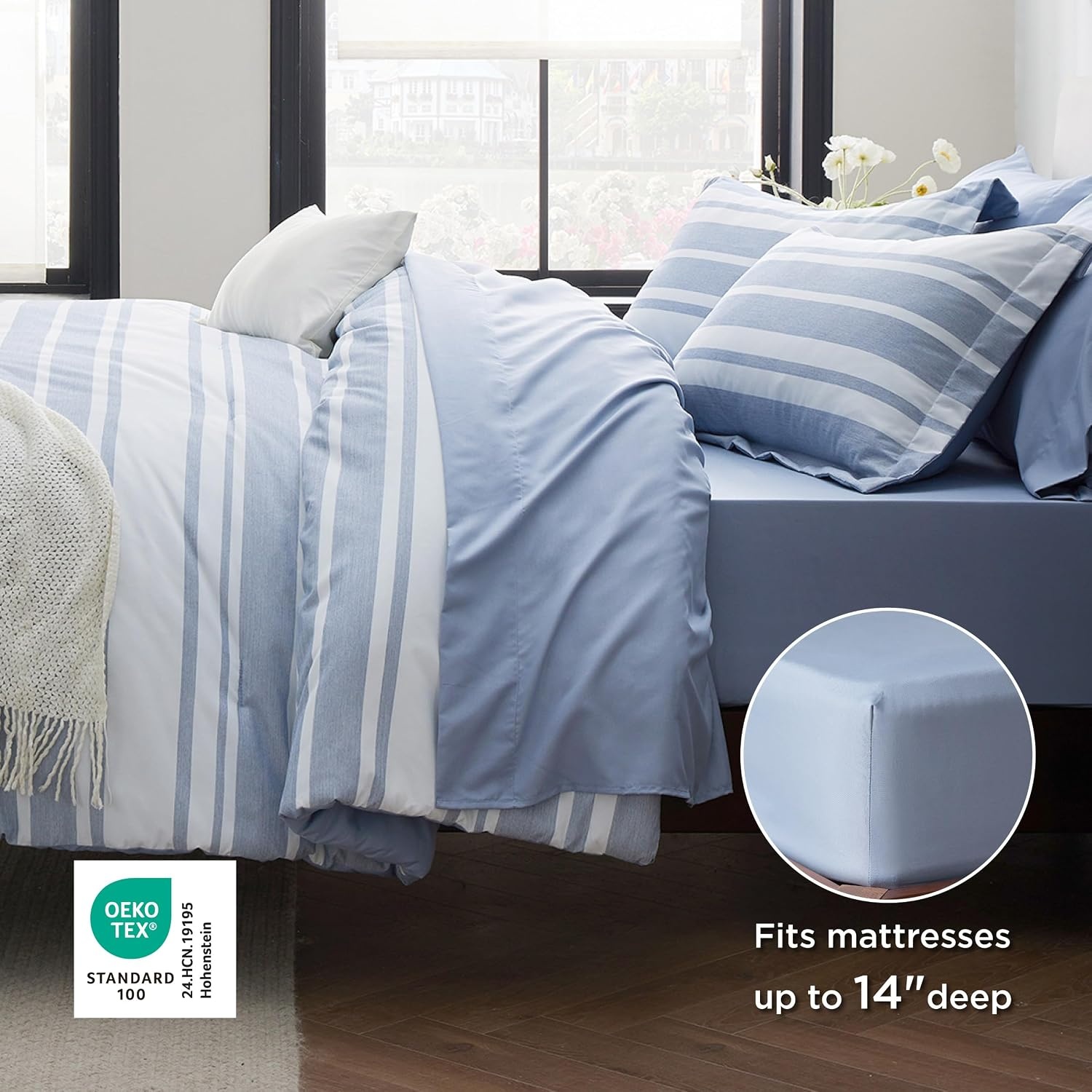 image:imageBedsure Queen Comforter Set 7 Pieces Grey Striped Bedding Set for All Seasons Reversible Cationic Dyeing Bed in a Bag with Comforter Sheets Pillowcases amp Shams02 Blue