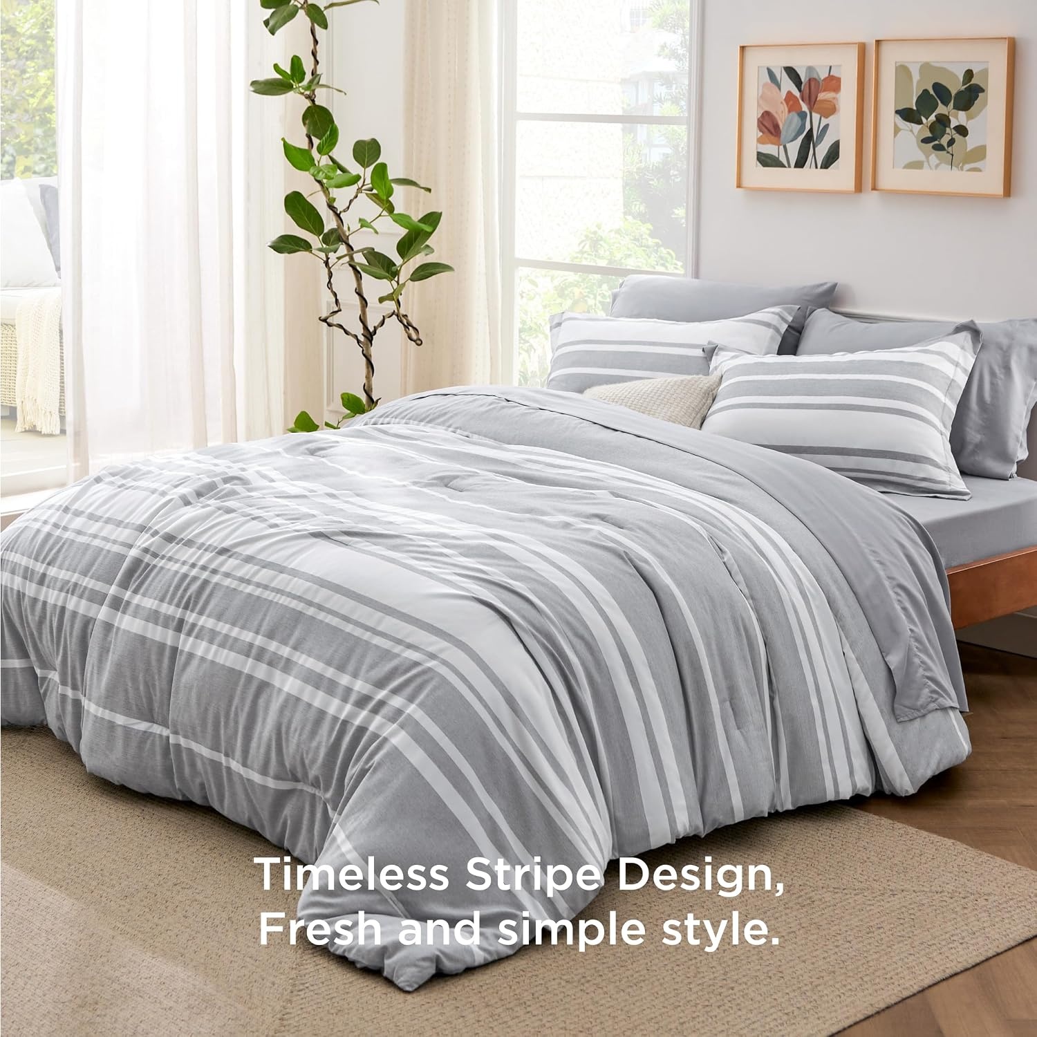 image:imageBedsure Queen Comforter Set 7 Pieces Grey Striped Bedding Set for All Seasons Reversible Cationic Dyeing Bed in a Bag with Comforter Sheets Pillowcases amp Shams01 Grey