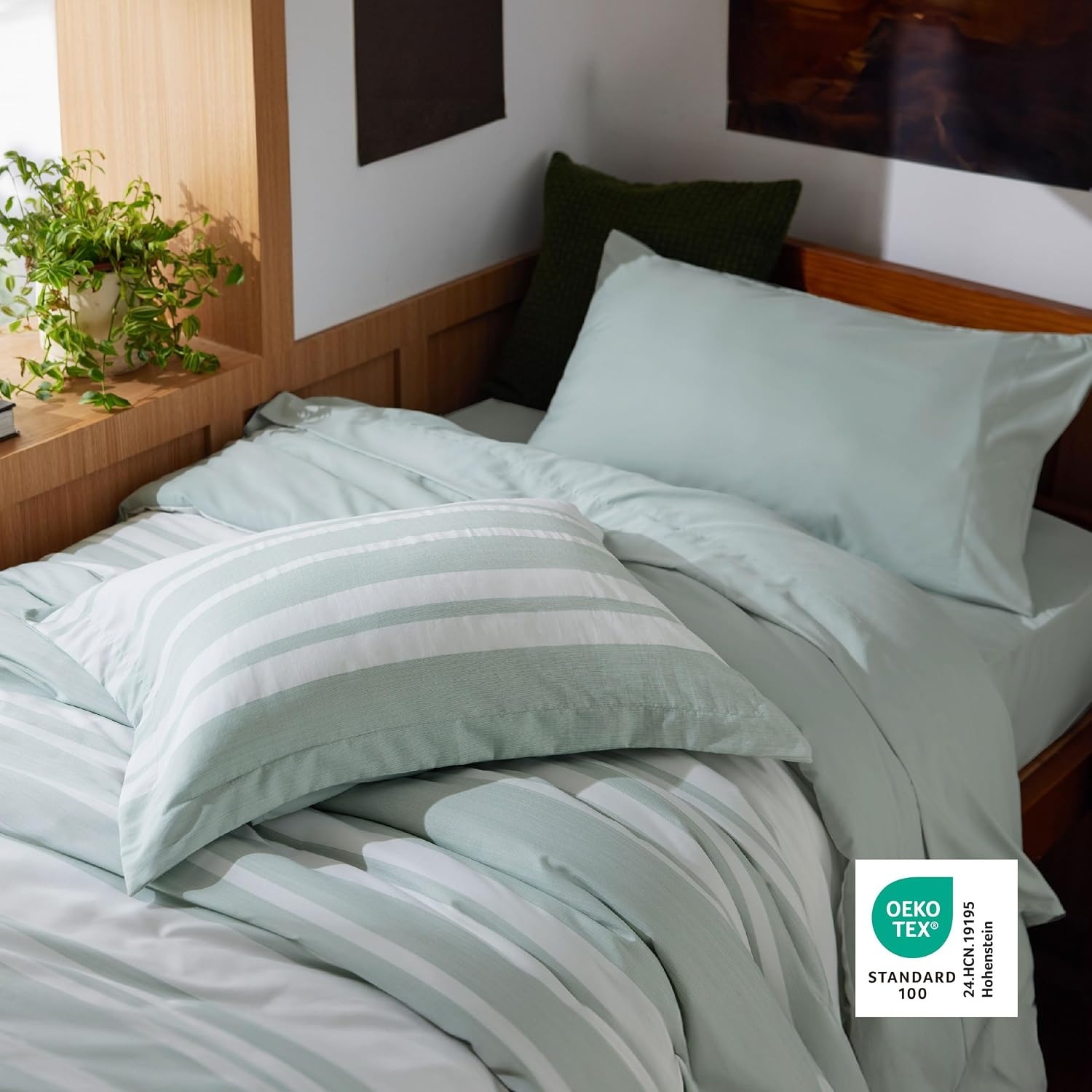 image:imageBedsure Queen Comforter Set 7 Pieces Grey Striped Bedding Set for All Seasons Reversible Cationic Dyeing Bed in a Bag with Comforter Sheets Pillowcases amp Shams03 Sage Green