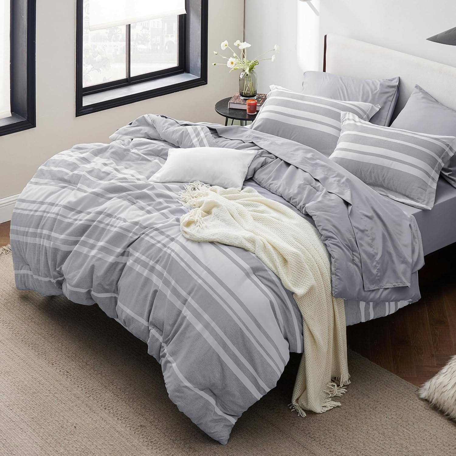 image:imageBedsure Queen Comforter Set 7 Pieces Grey Striped Bedding Set for All Seasons Reversible Cationic Dyeing Bed in a Bag with Comforter Sheets Pillowcases amp Shams01 Grey